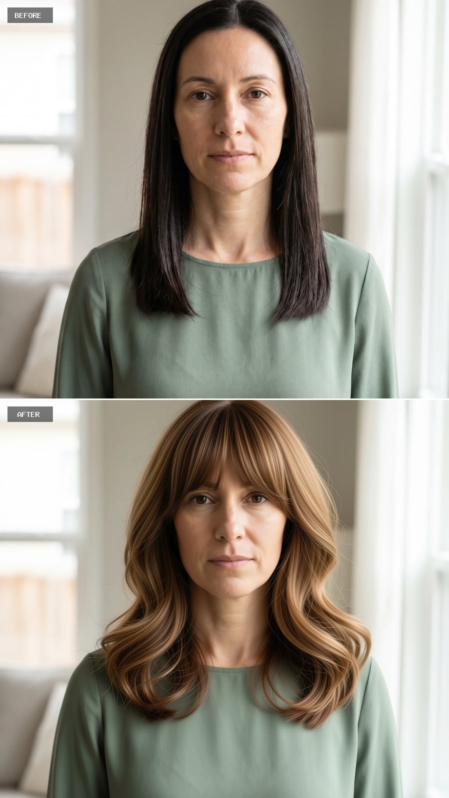 Warm Brunette Goes Honey-and-Caramel With a Fringe That Stops a Long Face Cold