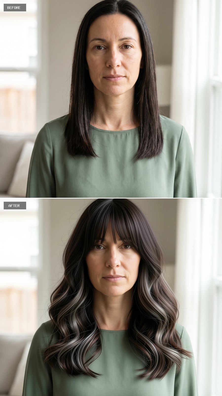 Wavy Dark Hair With Fringe and Highlights Shows a Long Face Who's Boss