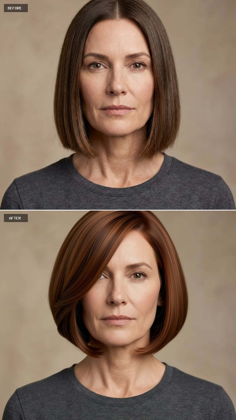 Auburn chin-length bob with deep side part