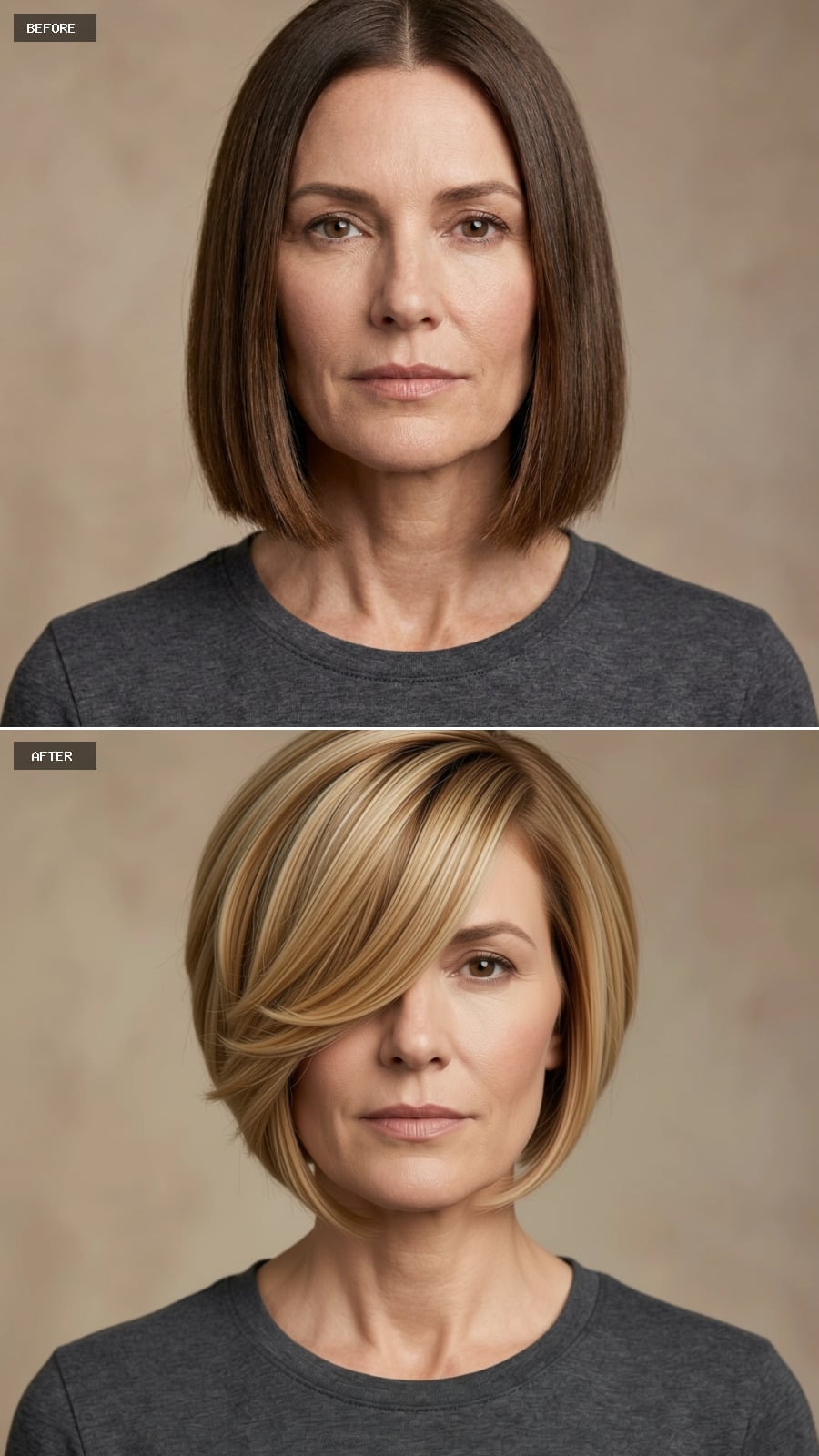 Angled golden blonde bob with ribbon highlights