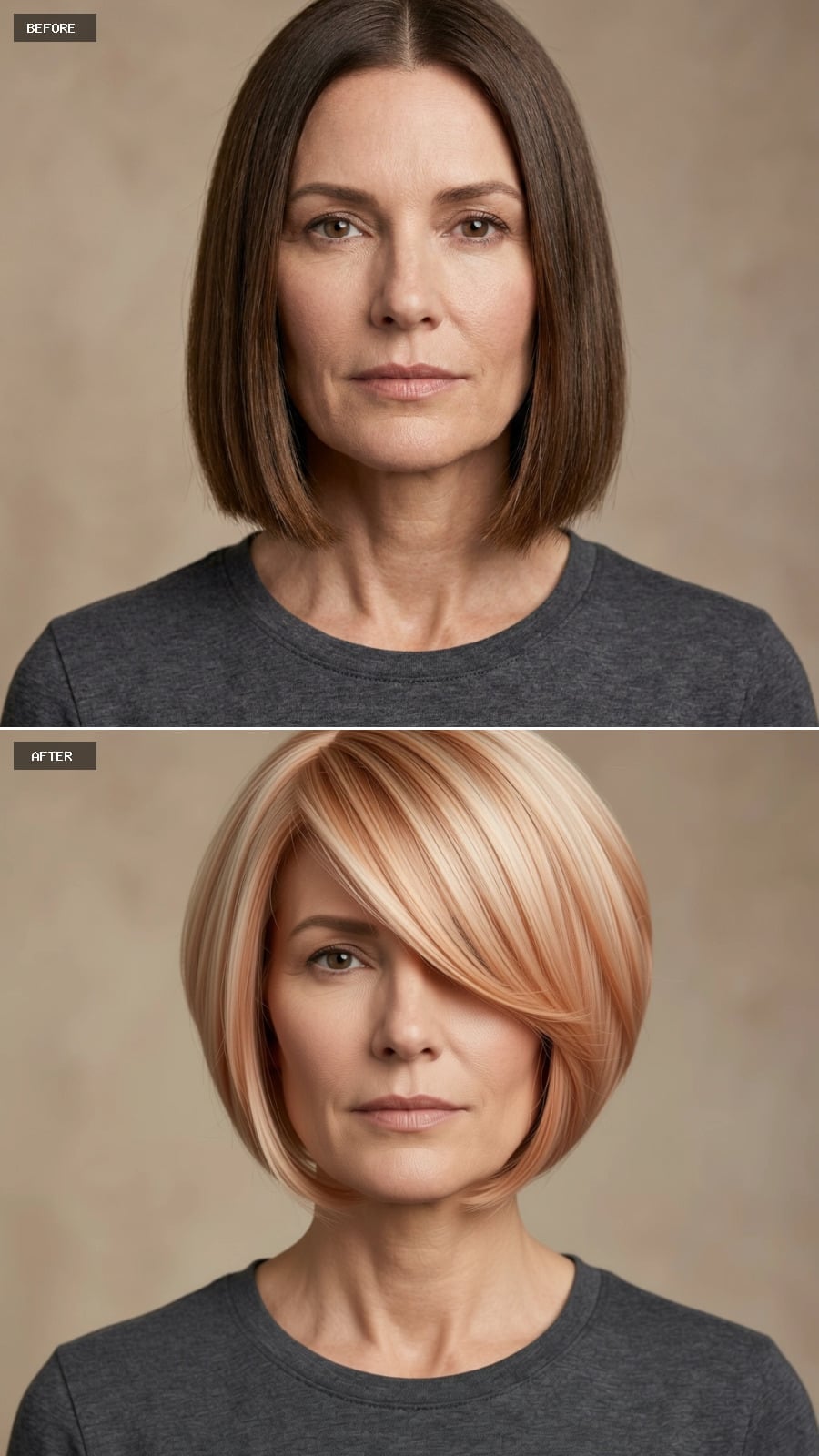 Blonde and rose-gold layered hairstyle with side-swept fringe