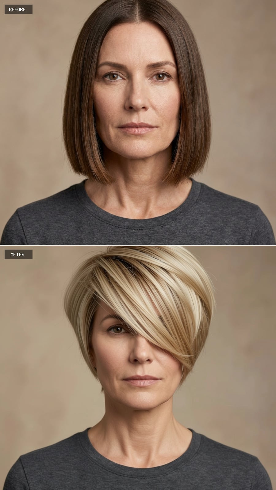 Short angled blonde haircut with side-swept fringe