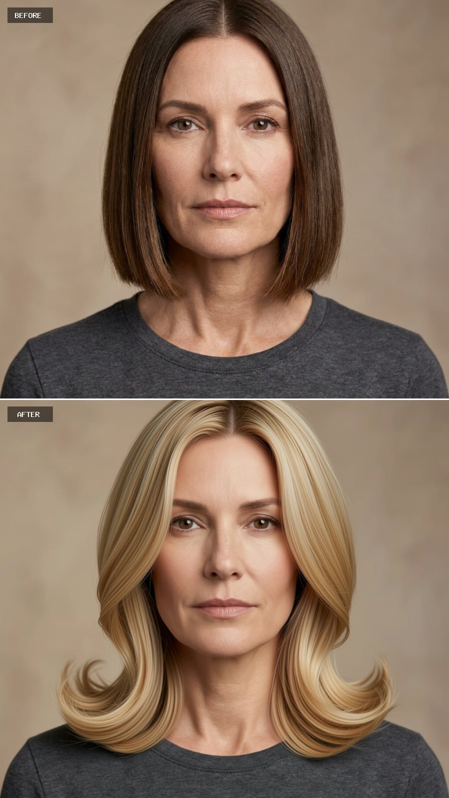 Layered blonde hairstyle with crown volume and outward-flipped ends
