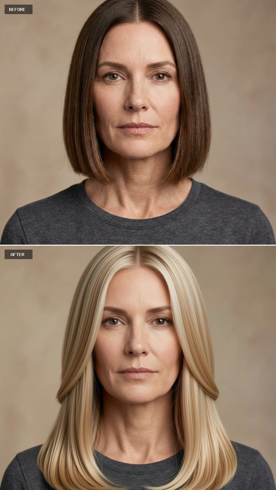 Long straight blonde hairstyle with face-framing color