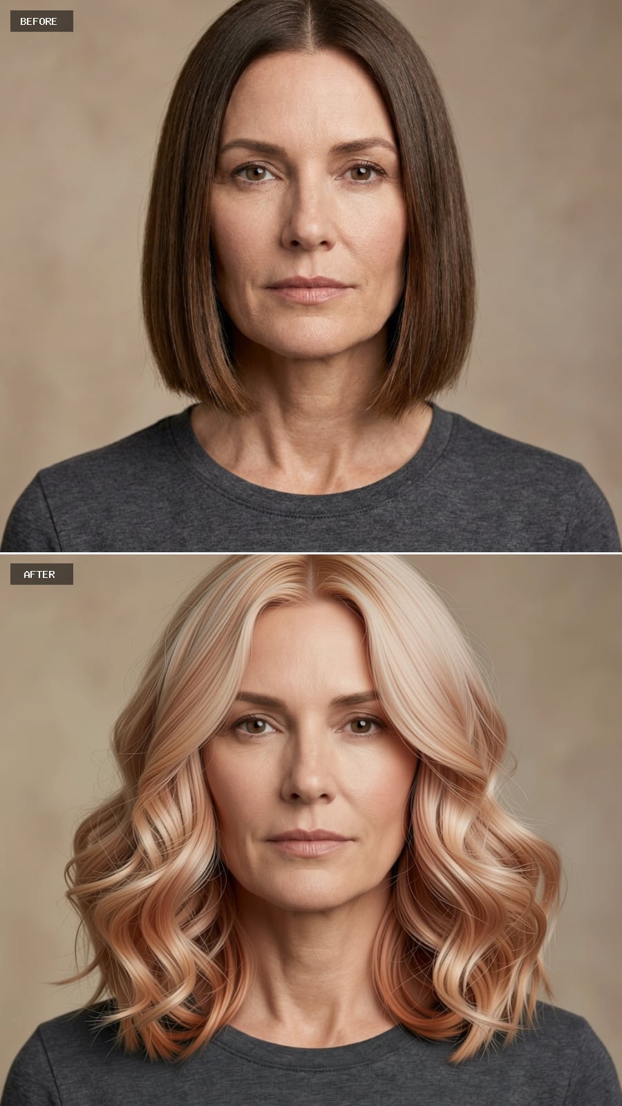 Shoulder-length blonde waves with rose-peach depth