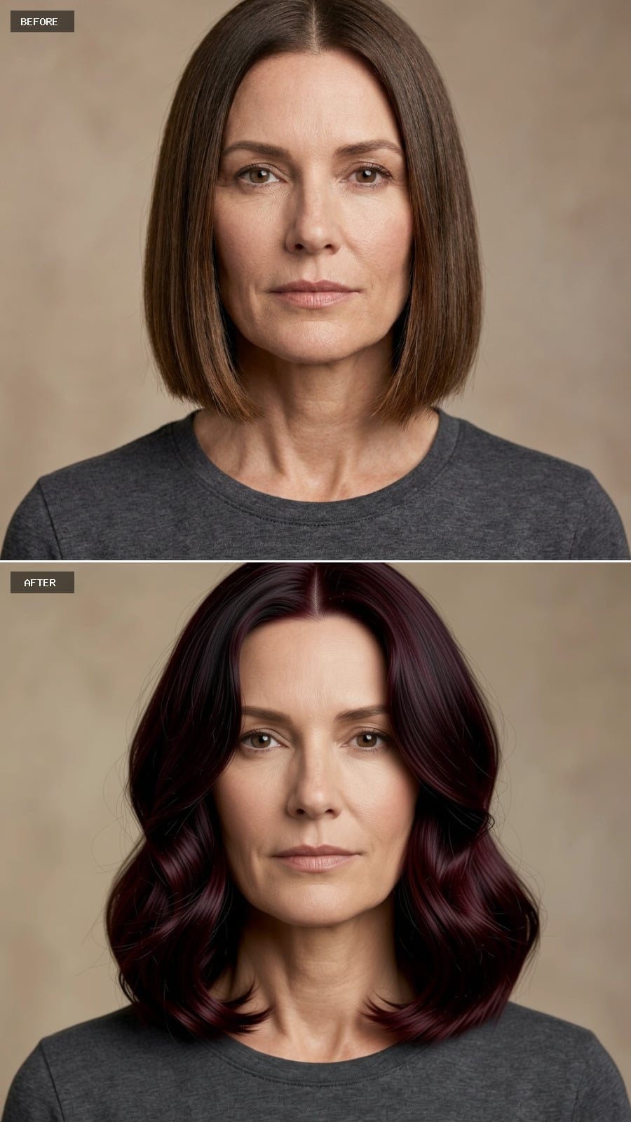 Shoulder-length burgundy waves with deep plum undertones