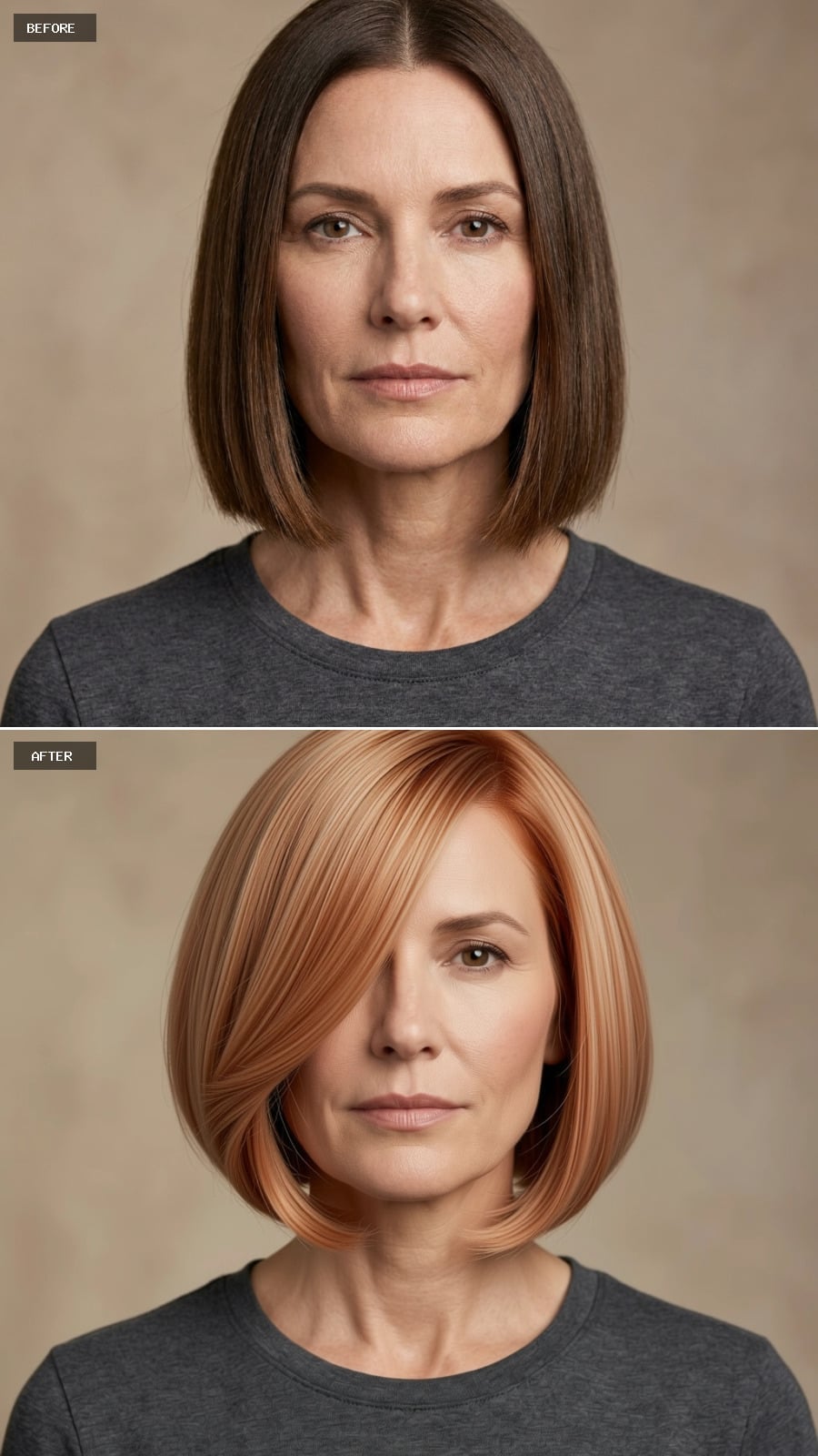 Copper bob with side-swept fringe