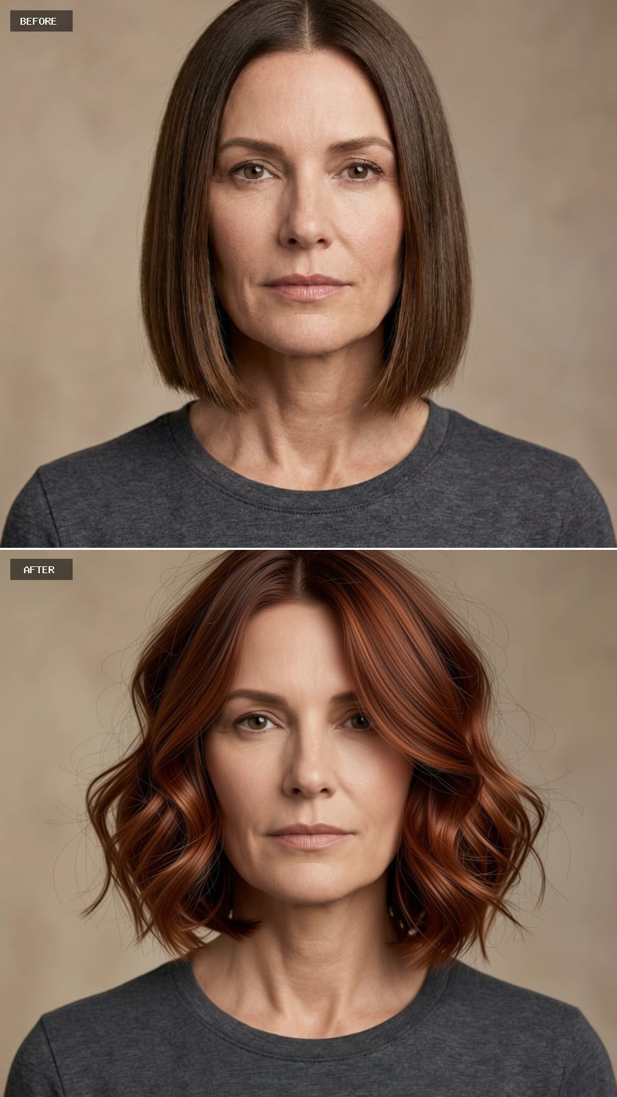 Copper-to-auburn chin-length waves