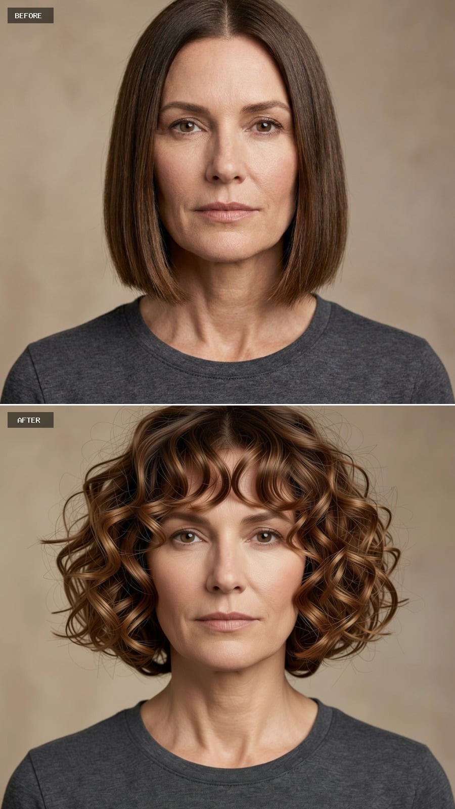 Brown curls with curtain bangs and caramel highlights