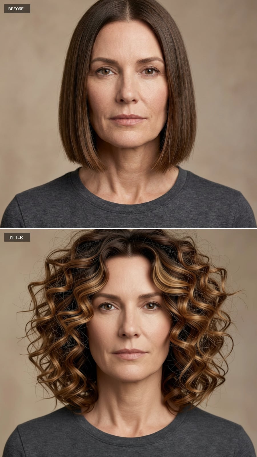 Dark brown curls with caramel and honey highlights