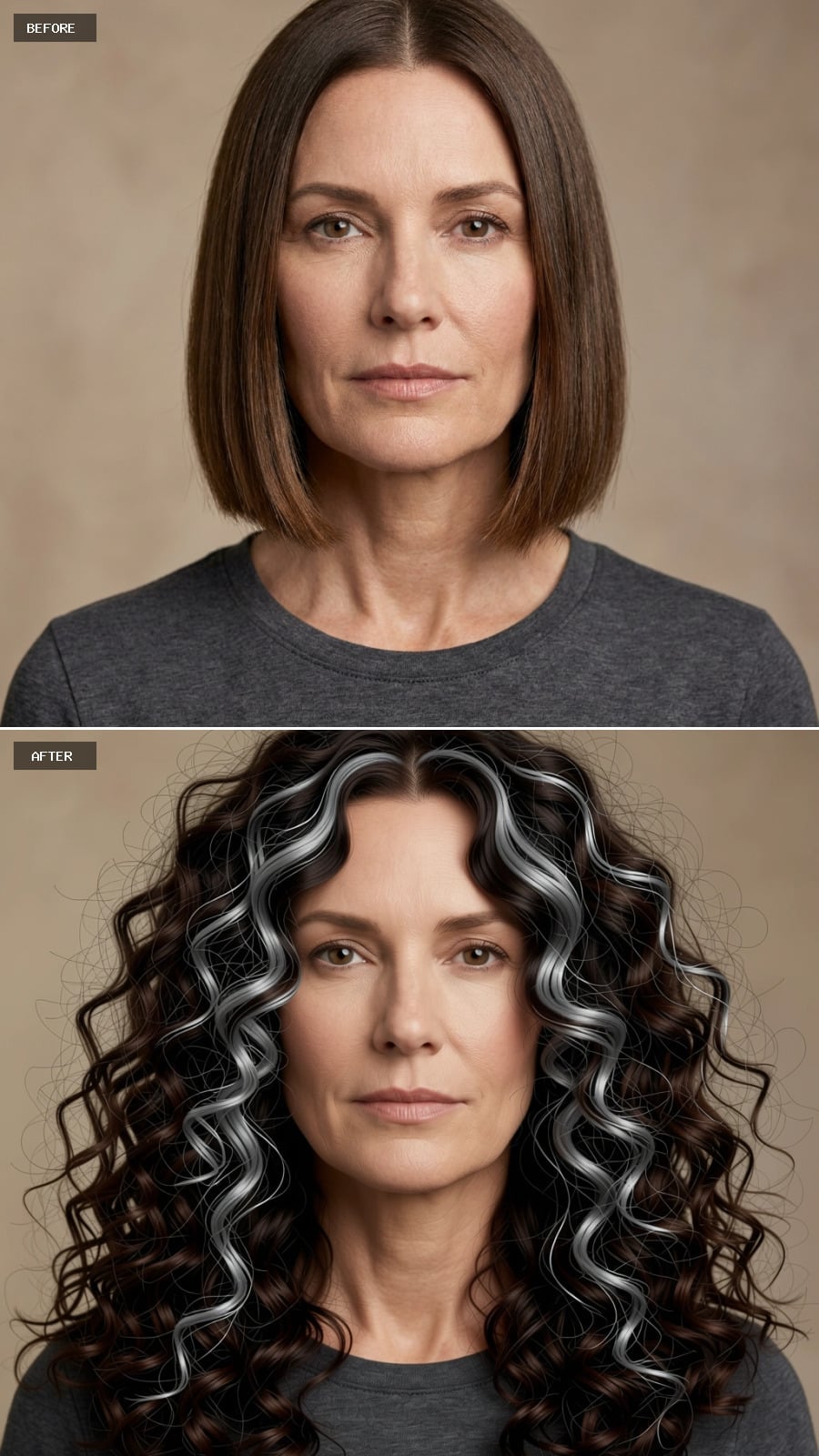 Long dark curls with silver ribbon highlights