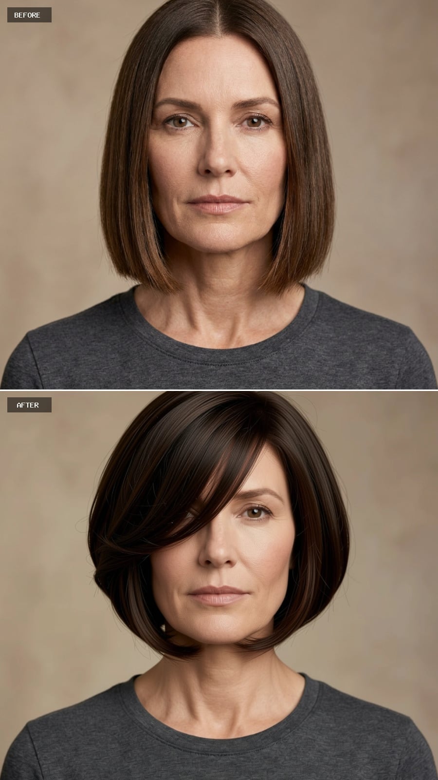 Dark voluminous bob with deep side sweep