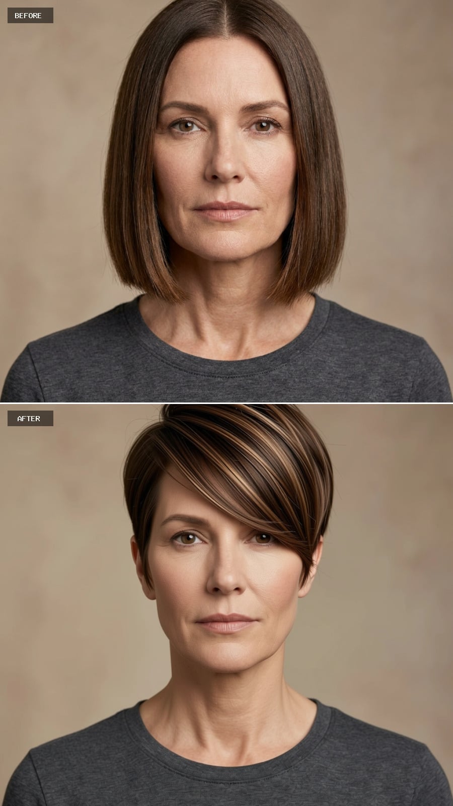 Short brunette haircut with angled caramel and bronze highlights