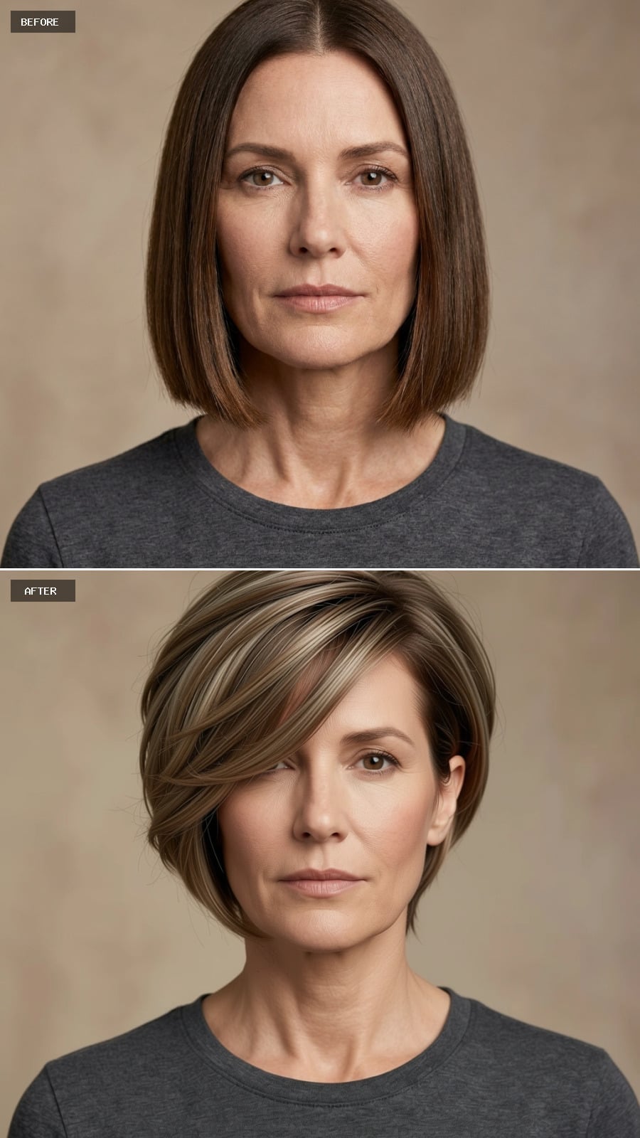 Short layered brunette bob with caramel and ash highlights
