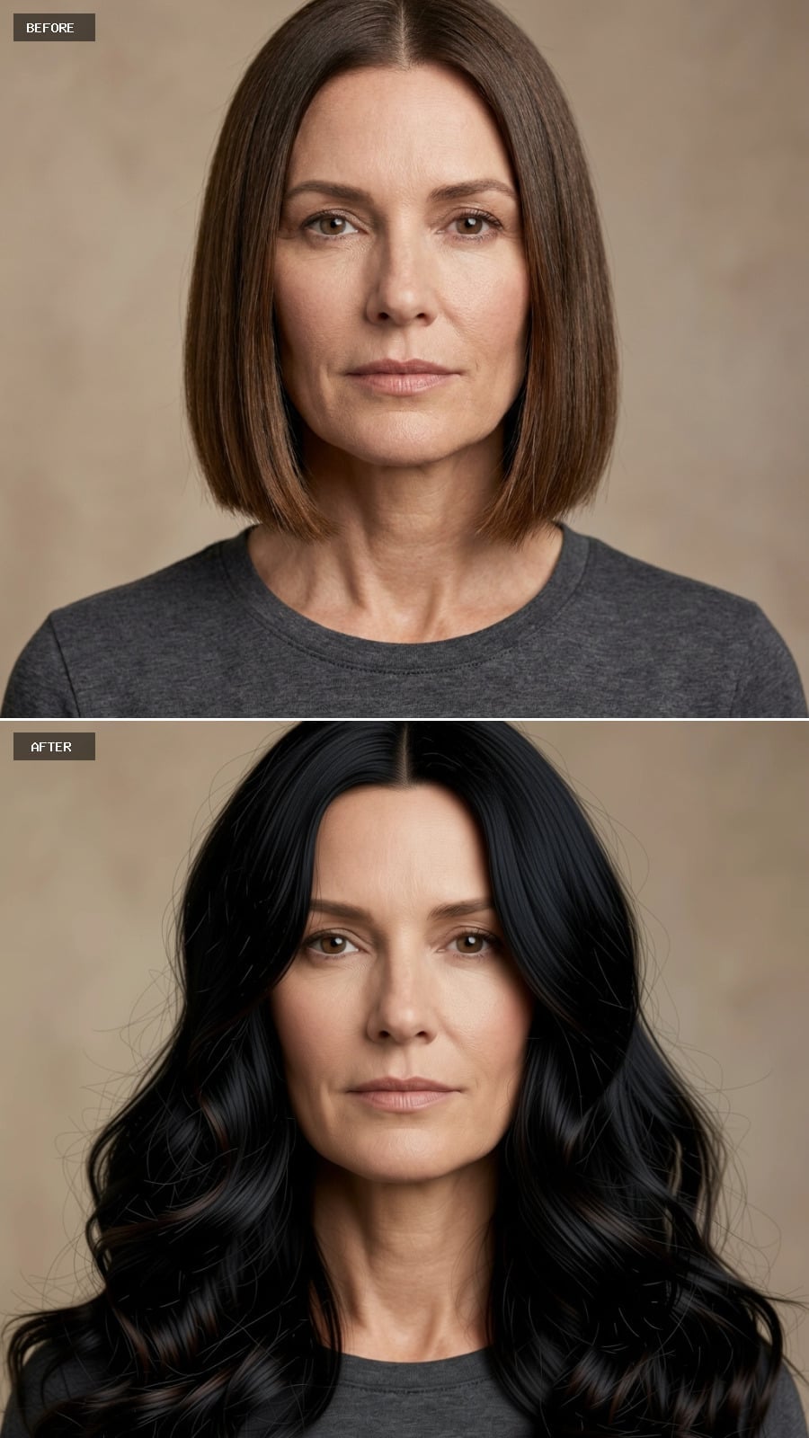 Jet-black waist-length waves with center part