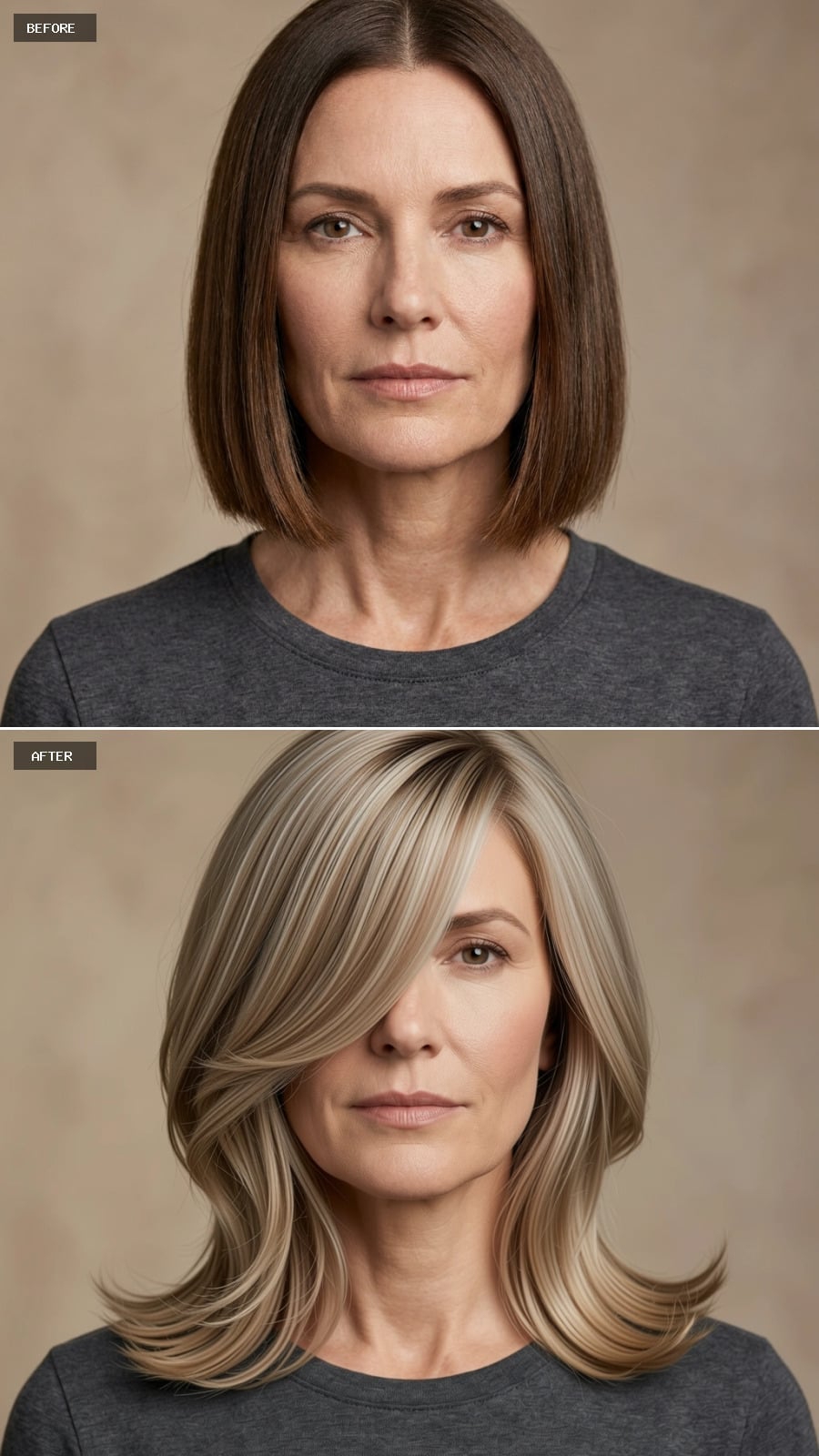 Longer layered blonde hairstyle with side-swept fringe