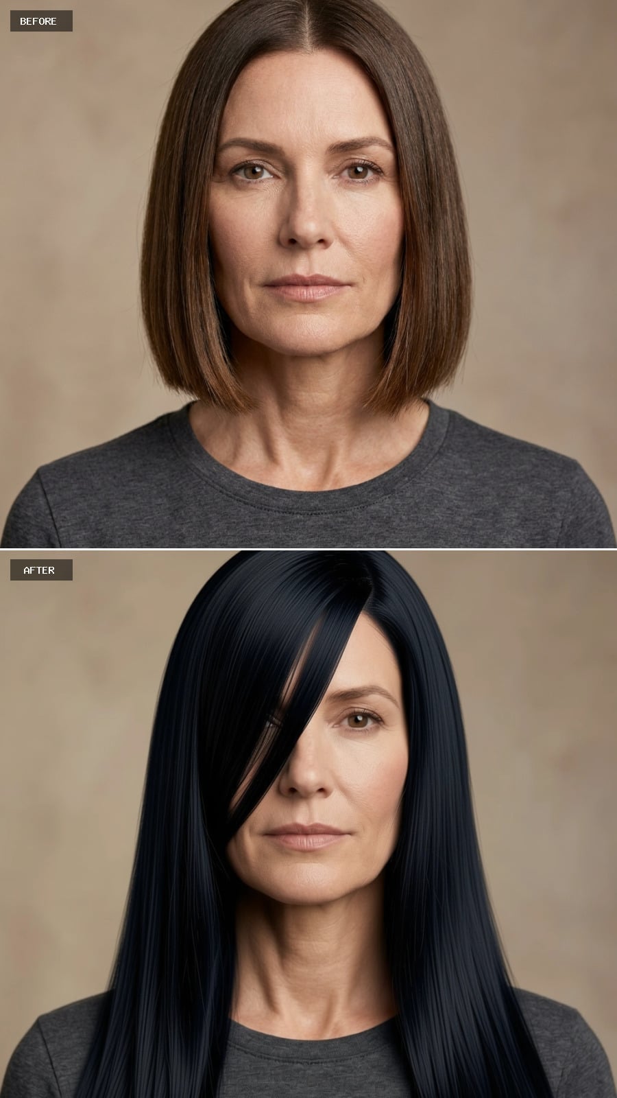 Long midnight-black hair with deep side part