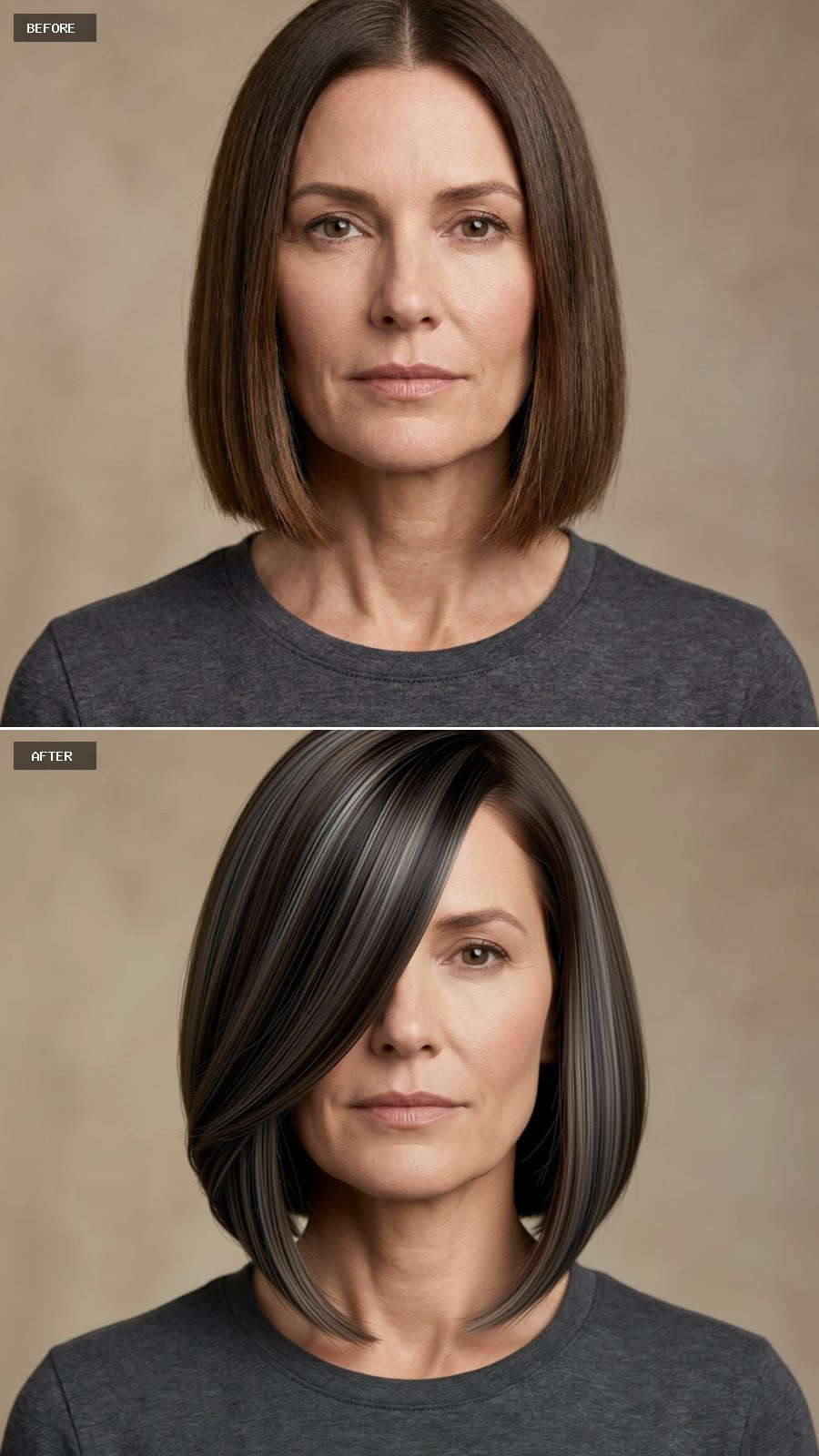 Dark bob with deep side-swept fringe and crown volume