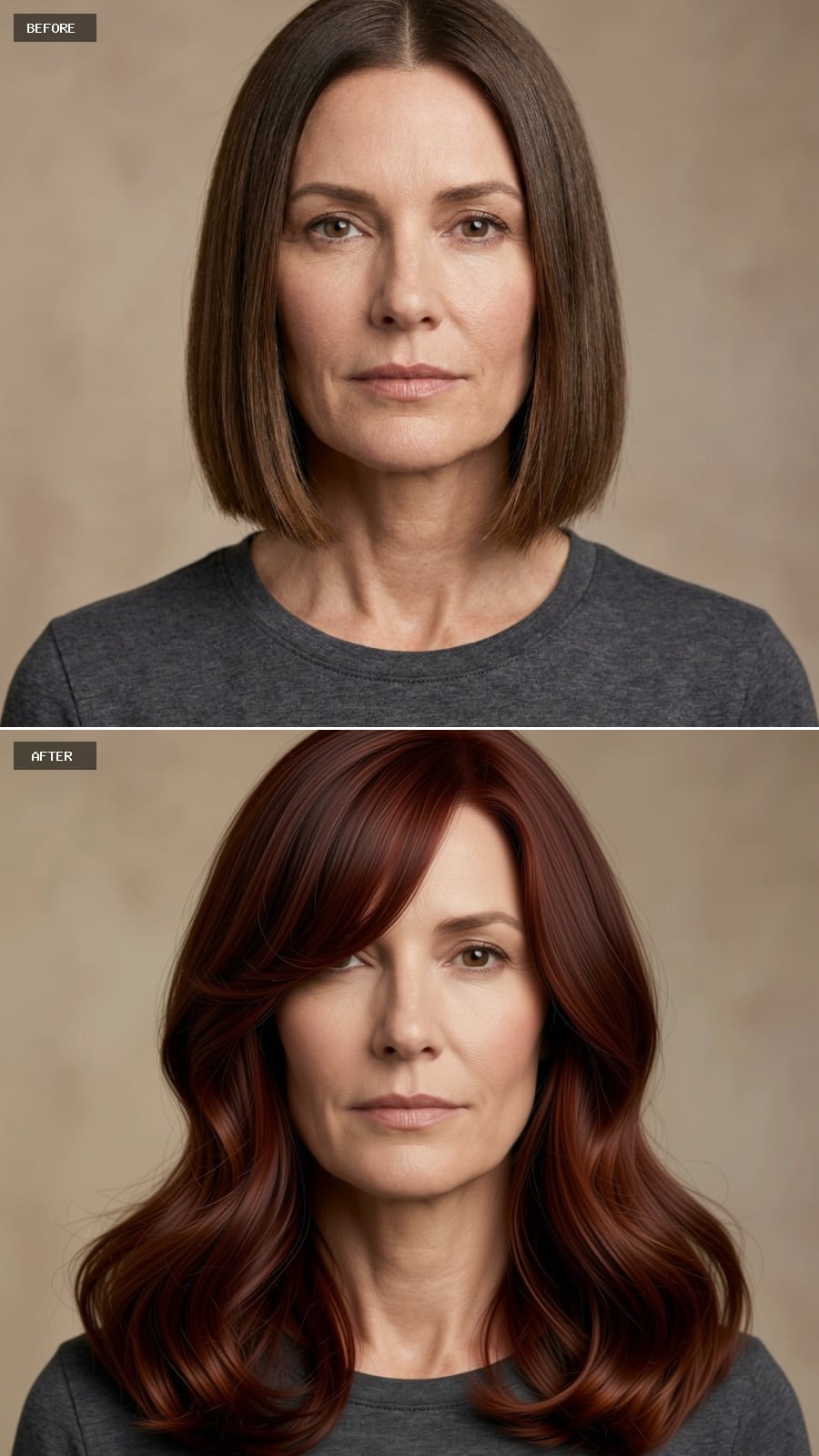 Long rich auburn waves with side part