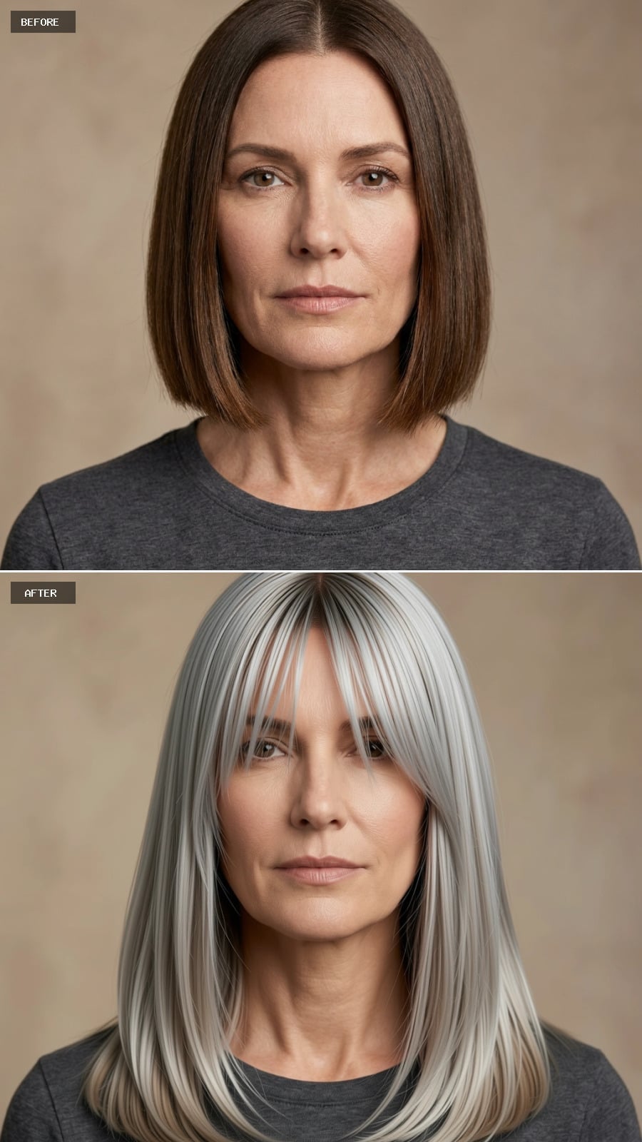 Long silver hair with curtain bangs