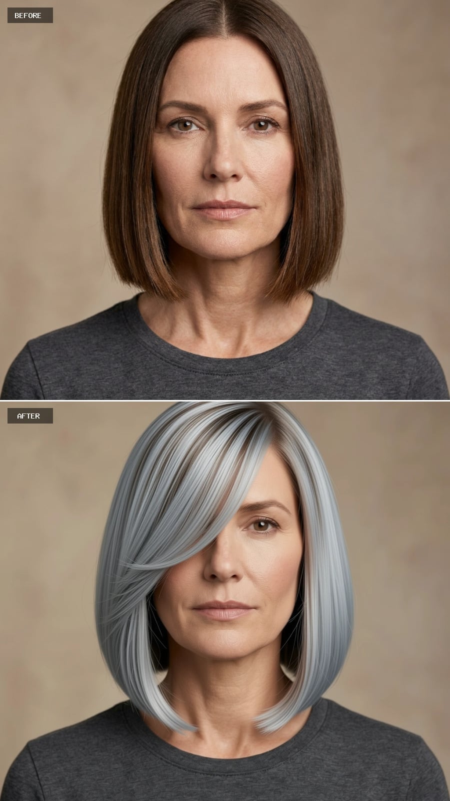 Steel-blue and silver bob with side-swept fringe