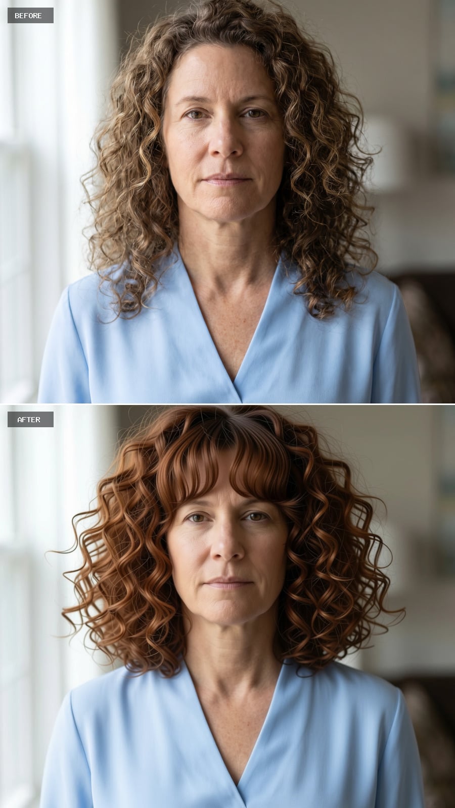 Copper auburn curls with curly bangs