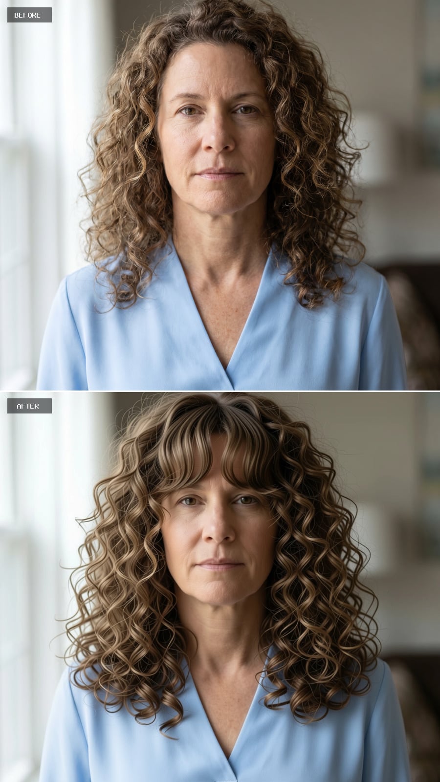 Curly hairstyle with soft curtain bangs