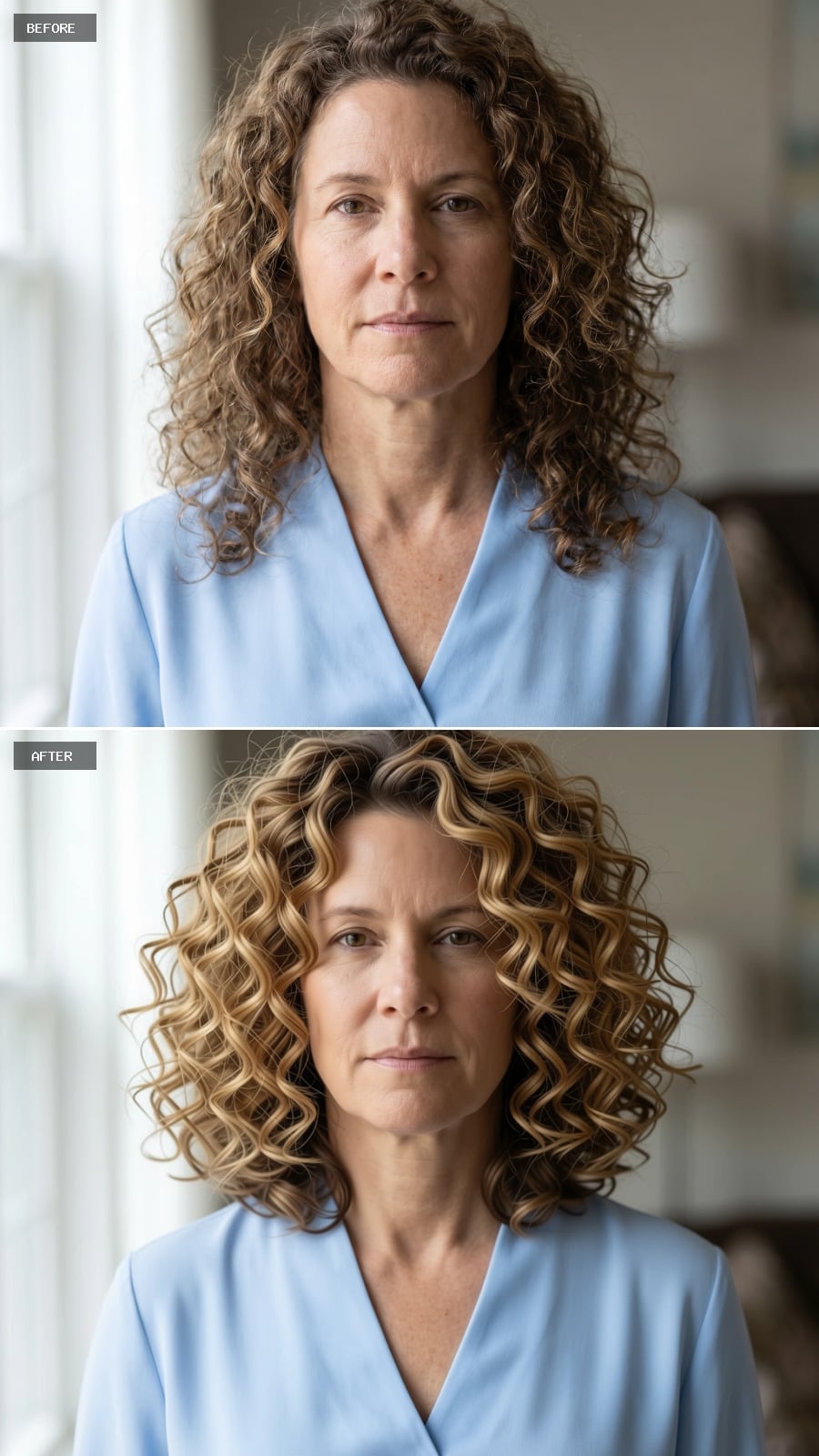 Short defined curls with honey blonde highlights