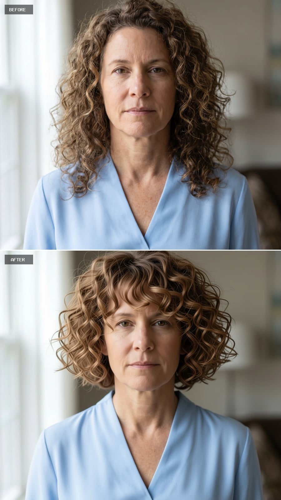 Chin-length curly bob with bangs and warm highlights