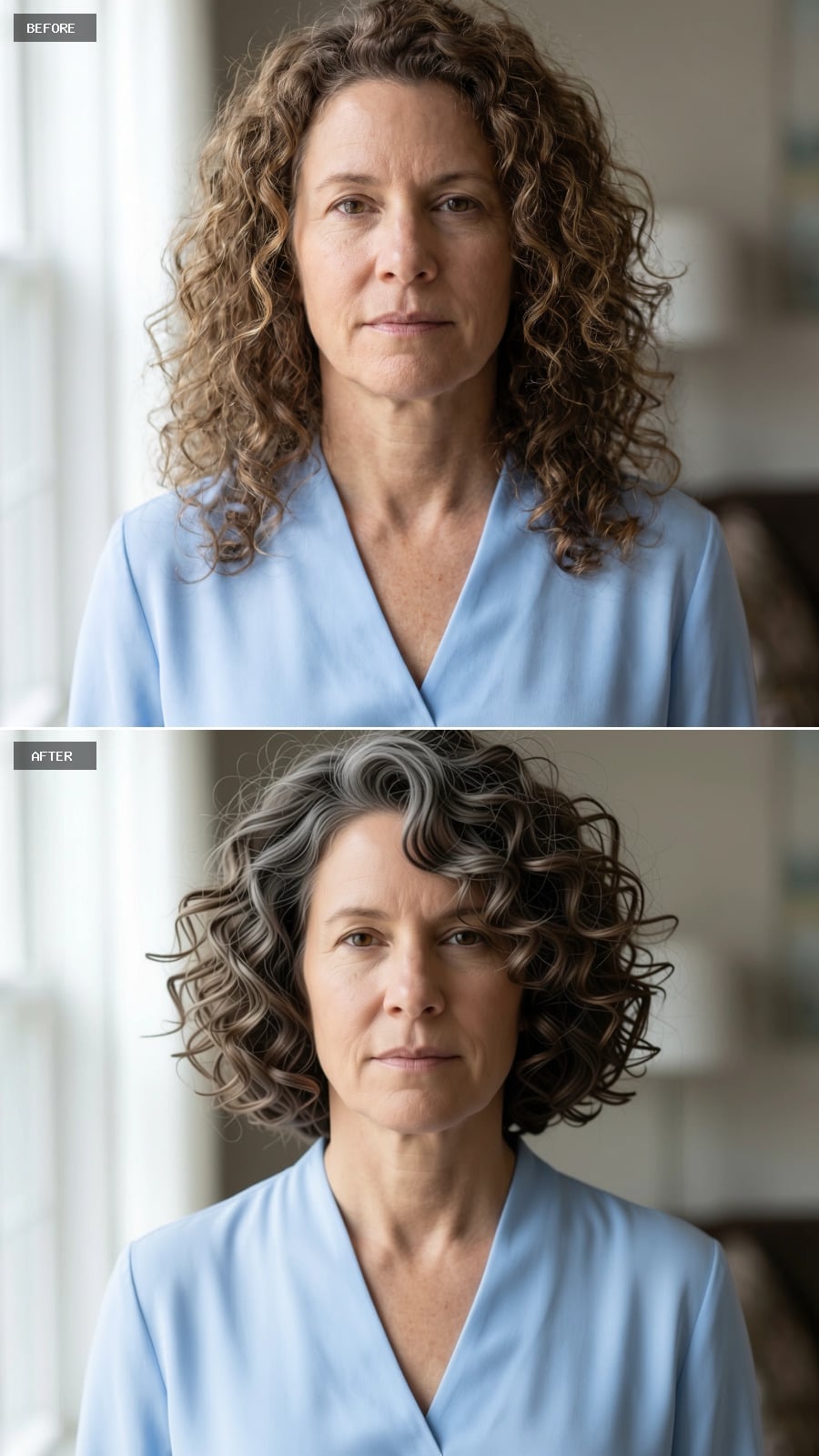 Jaw-length curls with natural silver through the crown