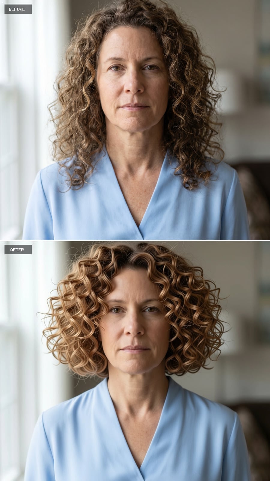 Shoulder-length curls with golden highlights