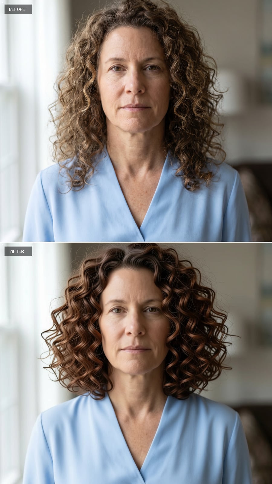 Chocolate brown curls cut near the collarbone
