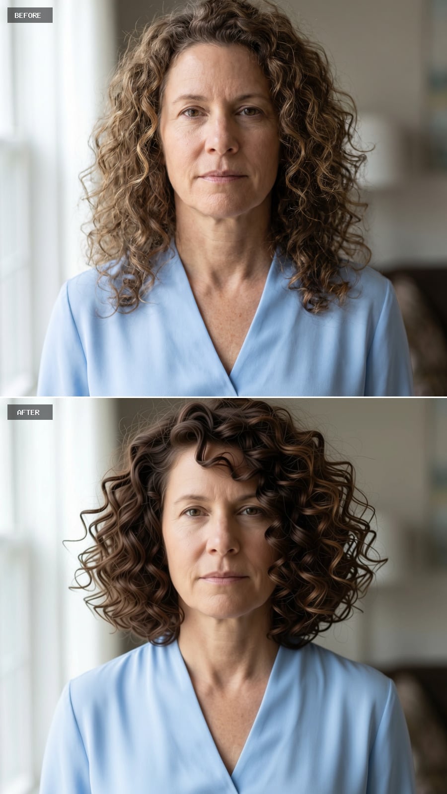 Rich chocolate brown curls at collar length