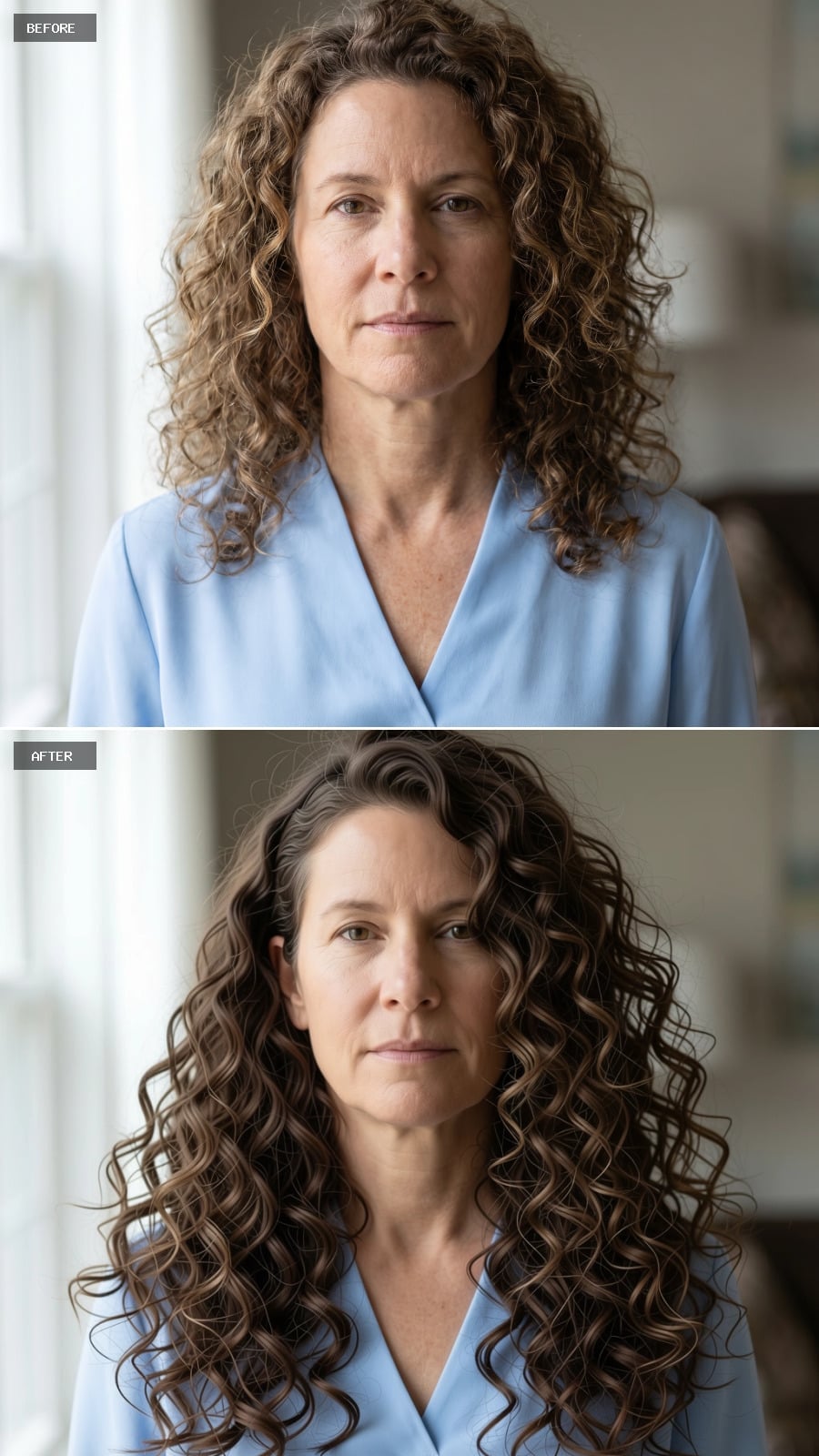 Long dark curls with natural gray at the crown