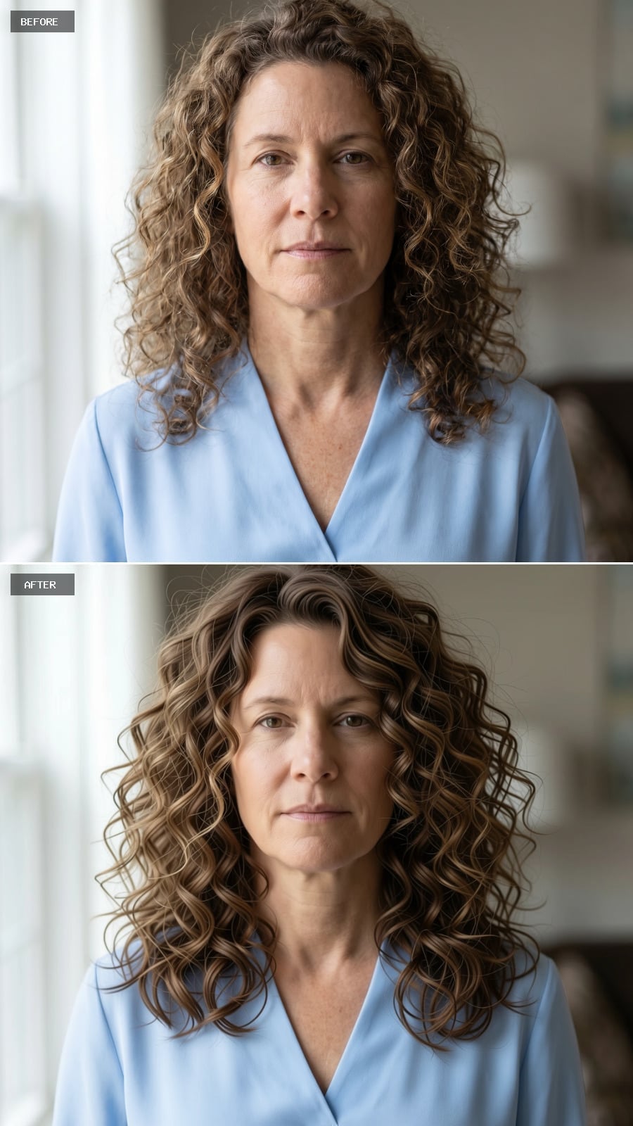 Shoulder-length brown curls with darker roots