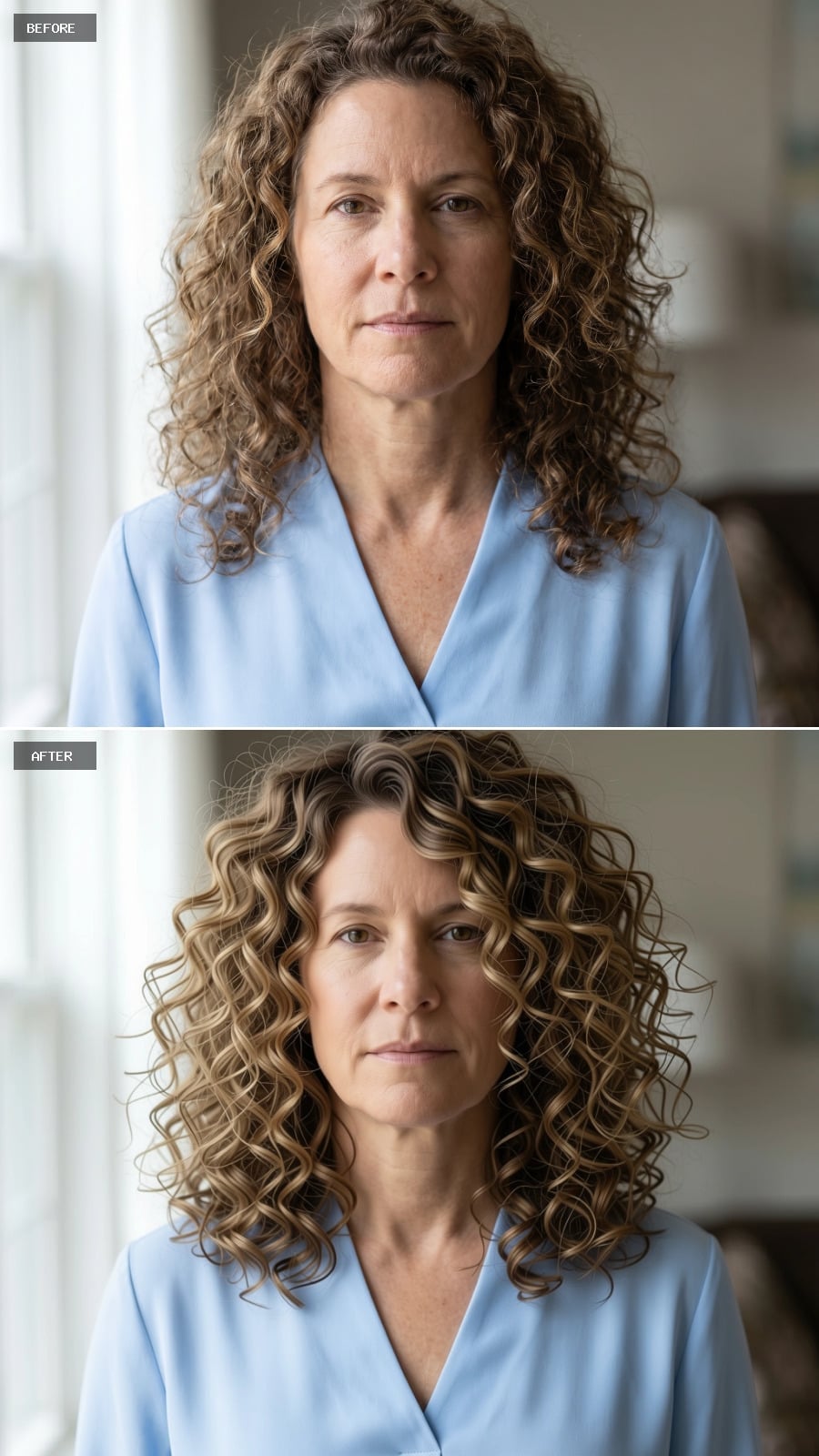 Brown curls with lighter blonde ends