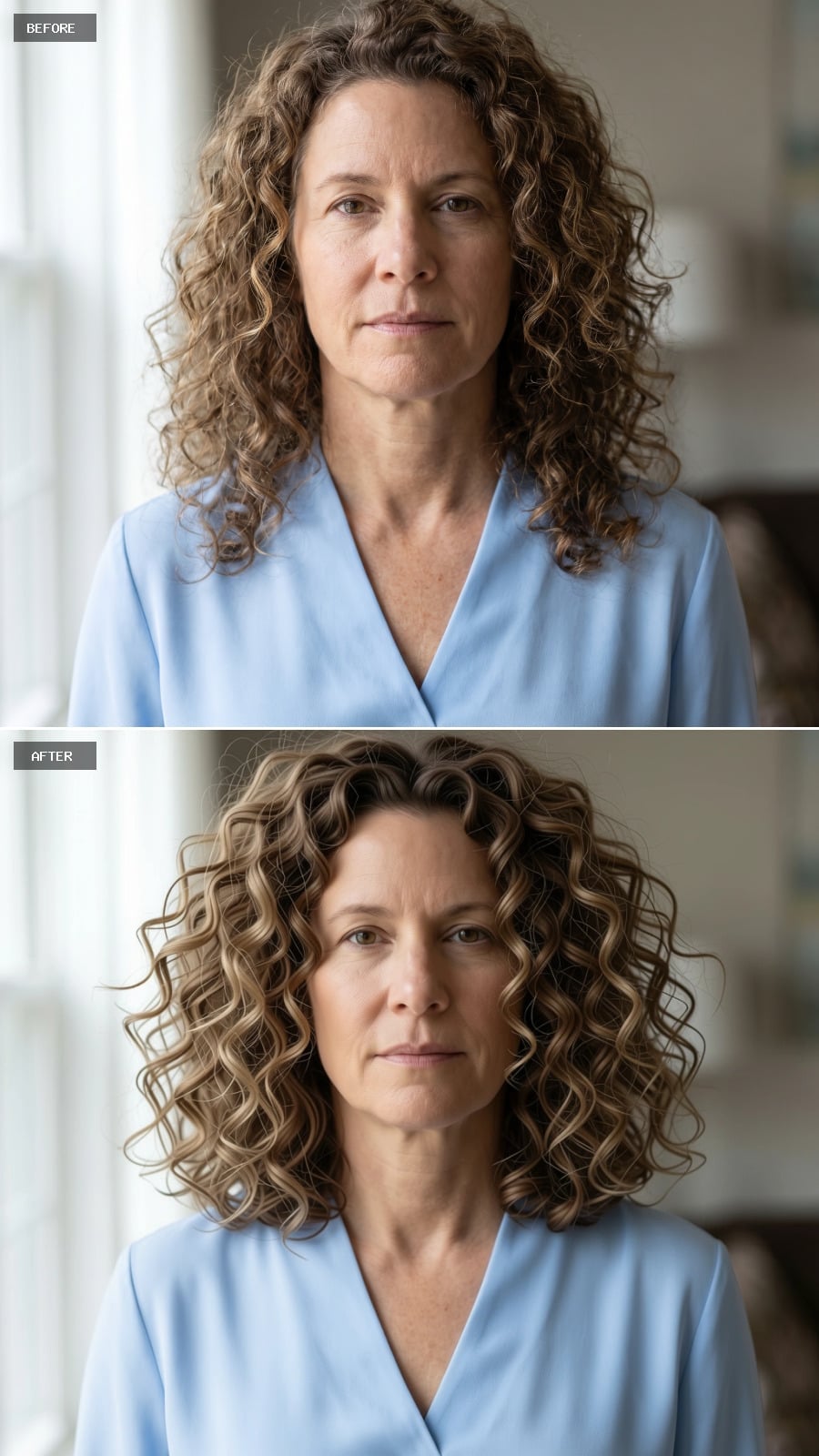 Brown curls with warm blonde highlights