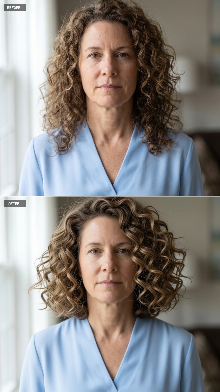 Shorter curls with honey and ash blonde highlights