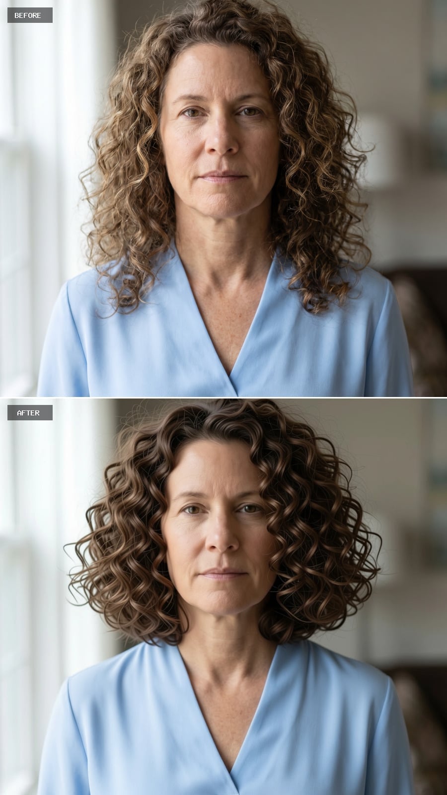 Shoulder-length chocolate brown curls without highlights