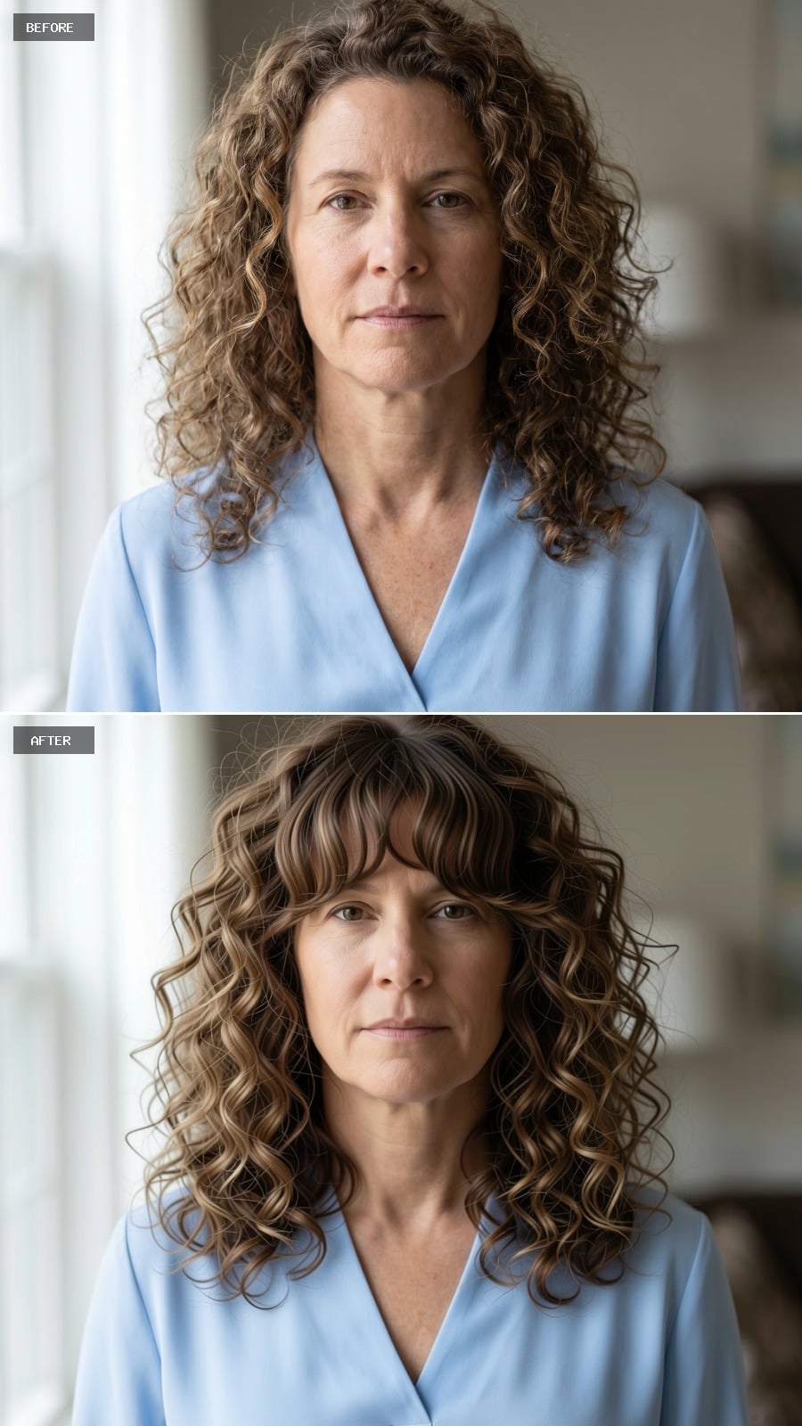 Curly hair with curtain bangs and highlights
