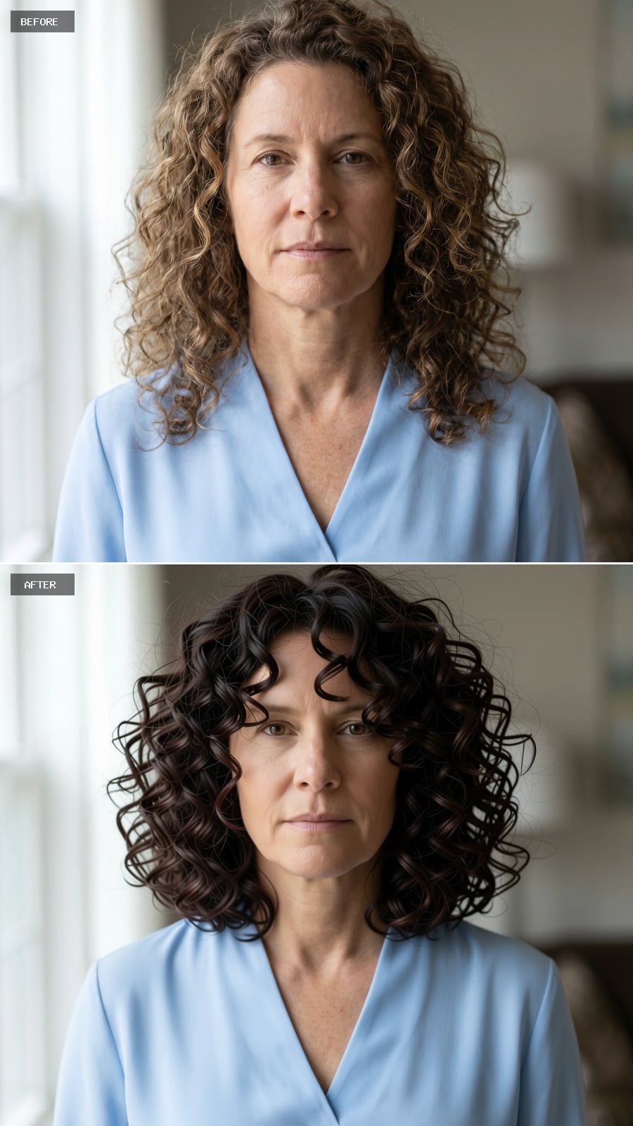 Short dense dark curls in a rounded shape