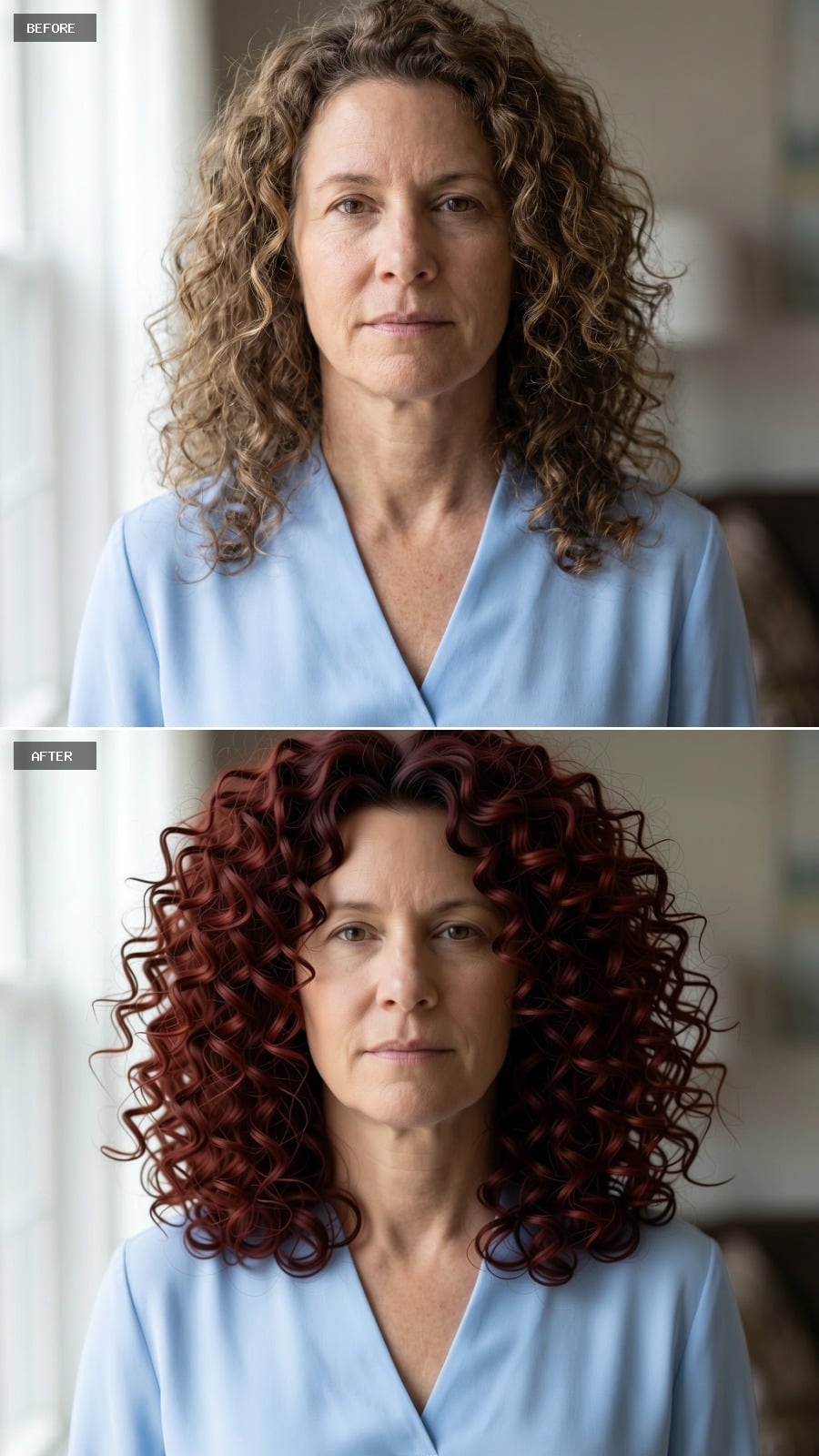 Full deep red curls at shoulder length