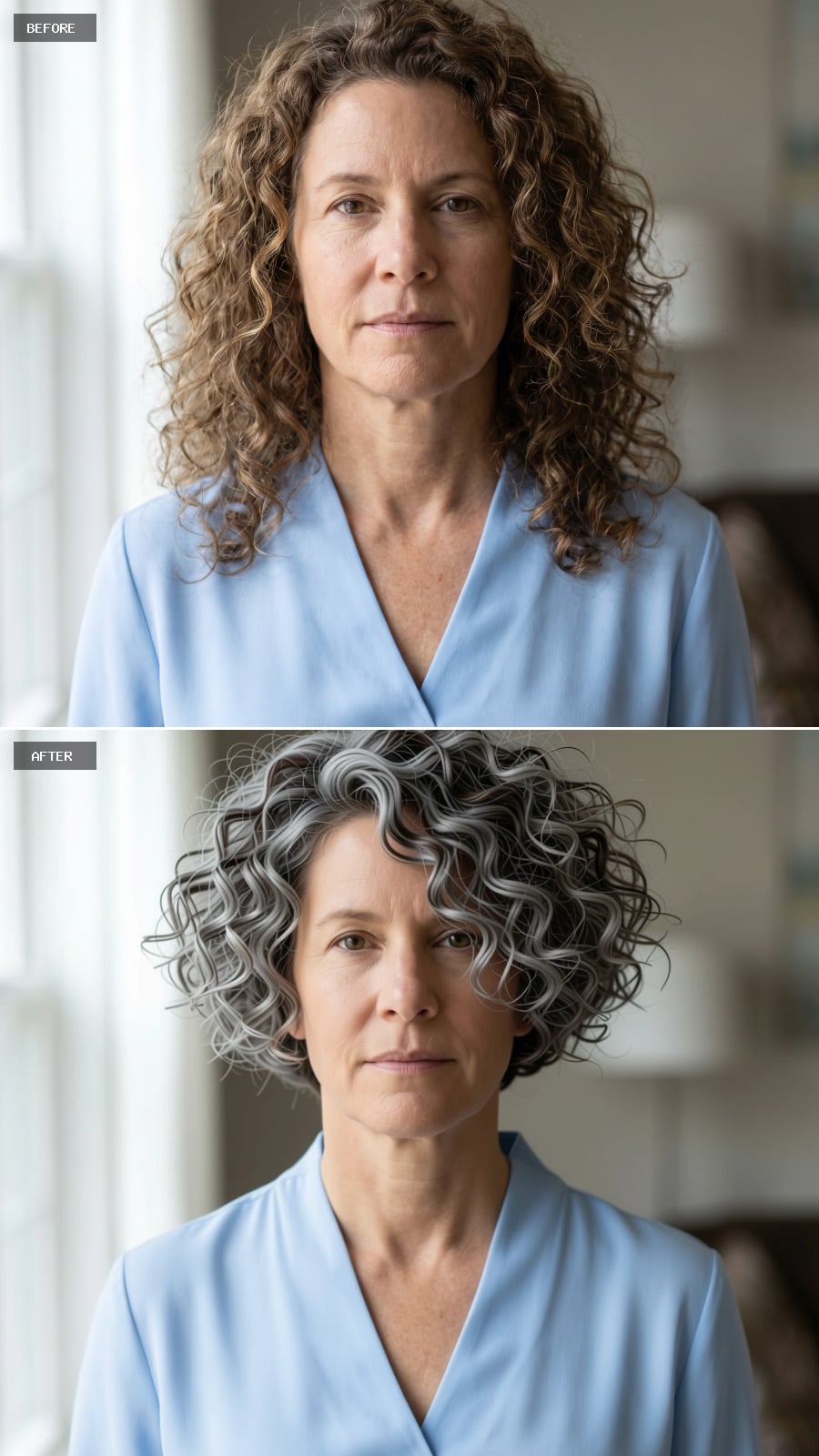 Short gray curls with silver through the crown