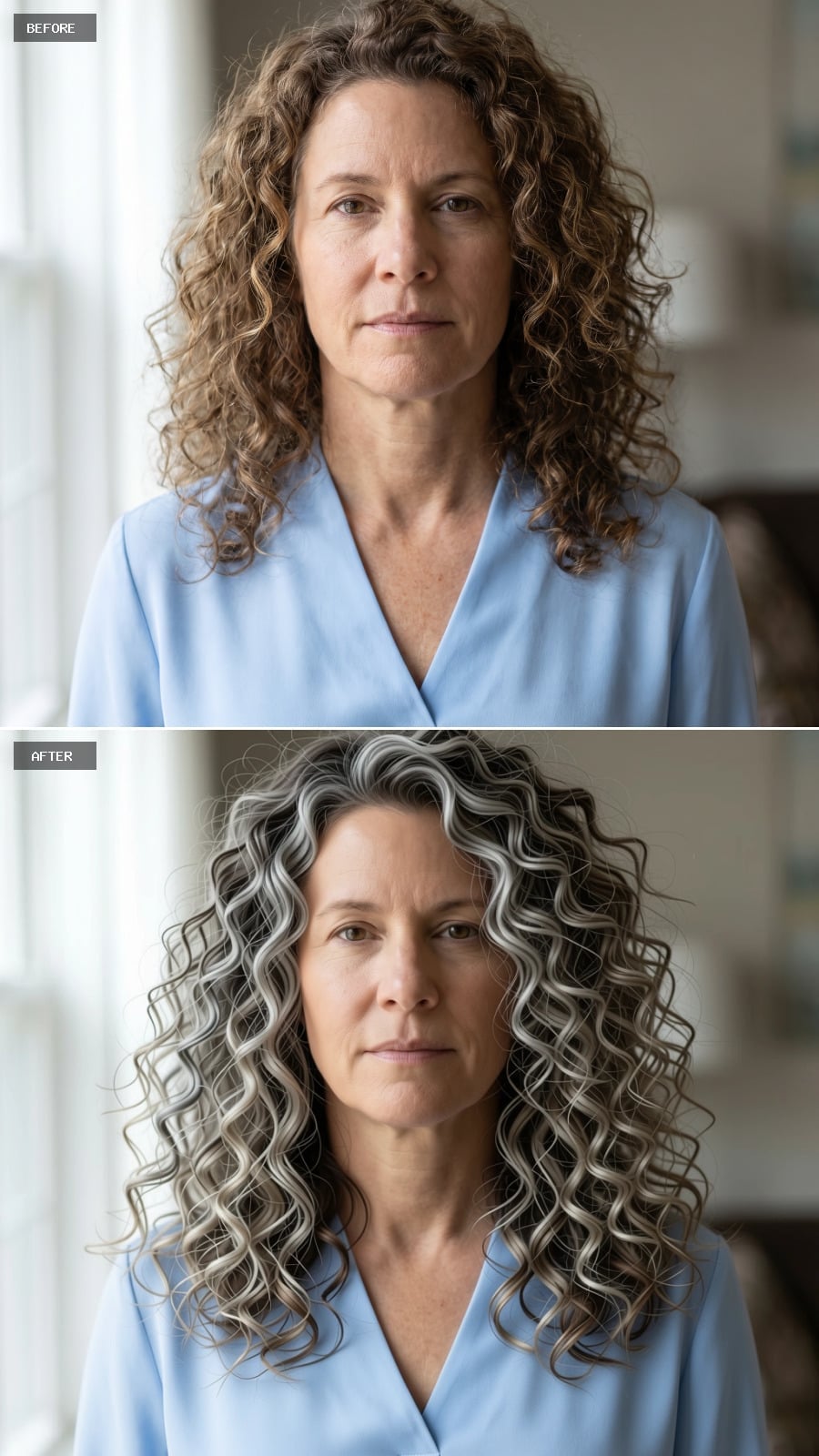 Long full silver and dark gray curls