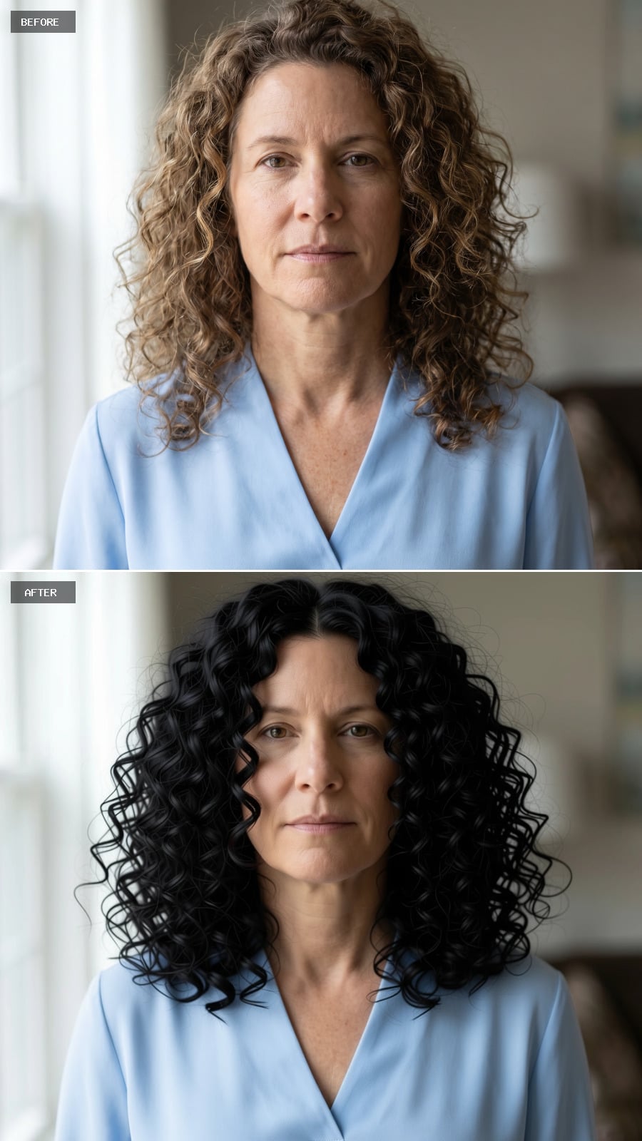 Shoulder-length jet black curls