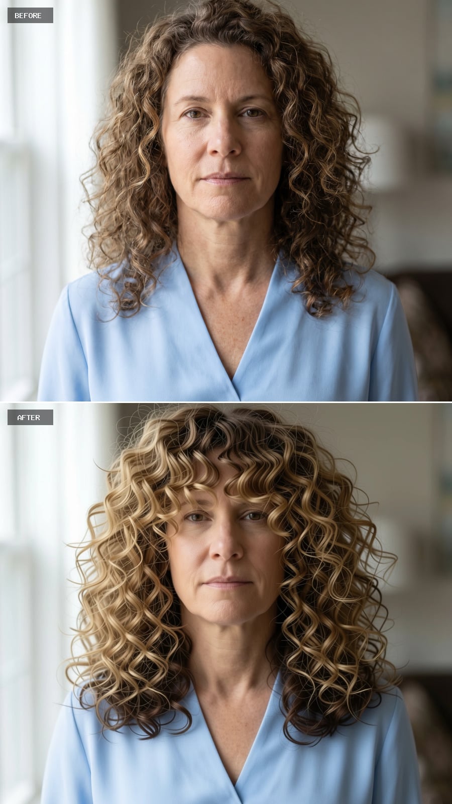 Honey-blonde curls with face-framing bangs