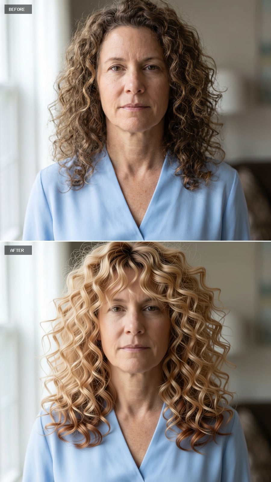 Full platinum blonde curls with darker roots