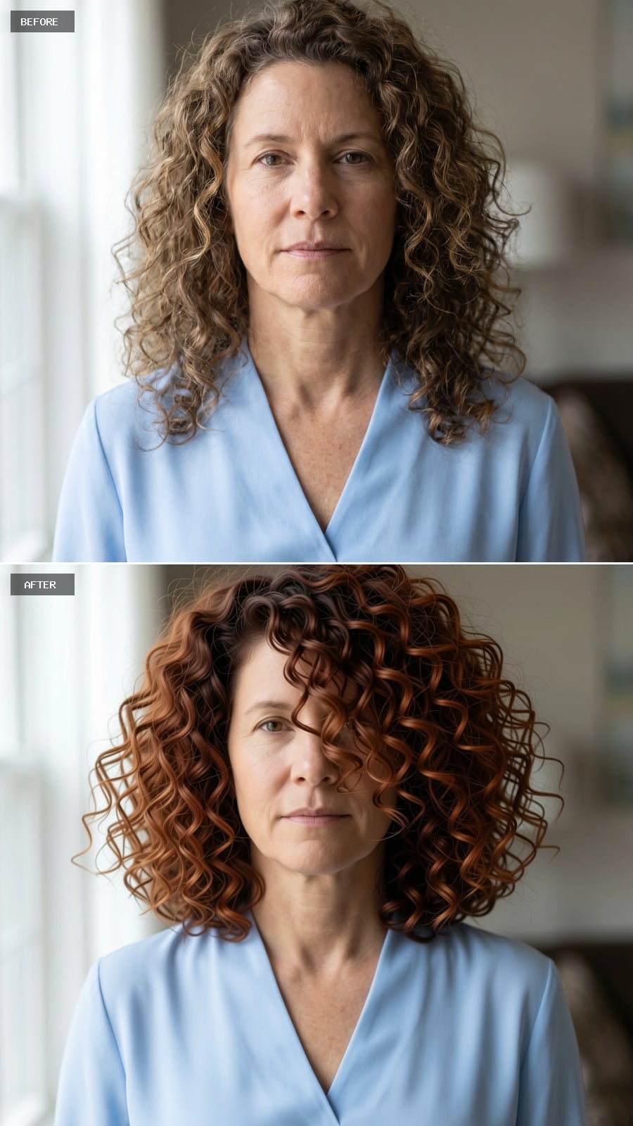 Rich auburn shoulder-length curls