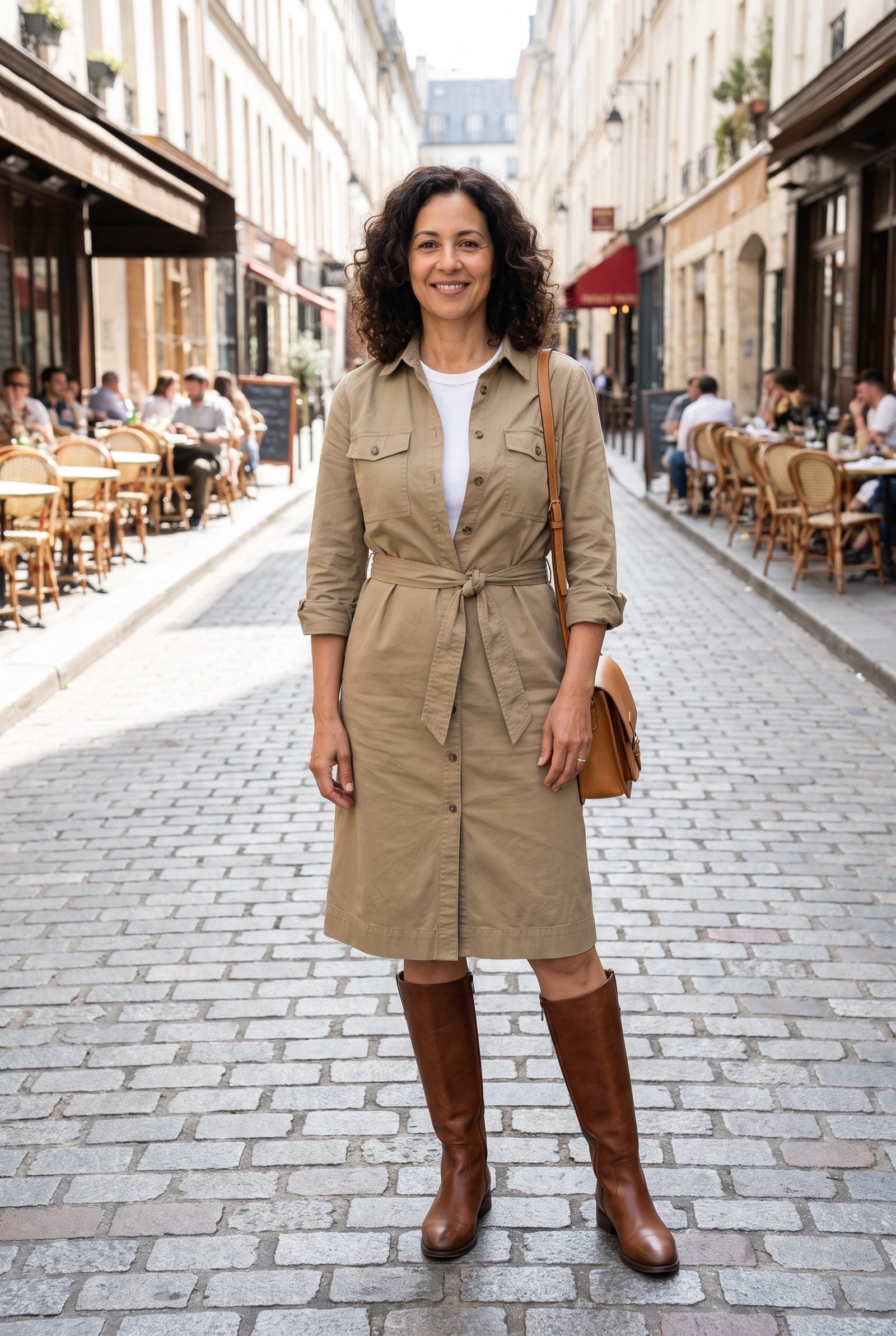 Woman in a khaki shirtdress and brown riding boots, the hem landing exactly at the top of the boot shaft.