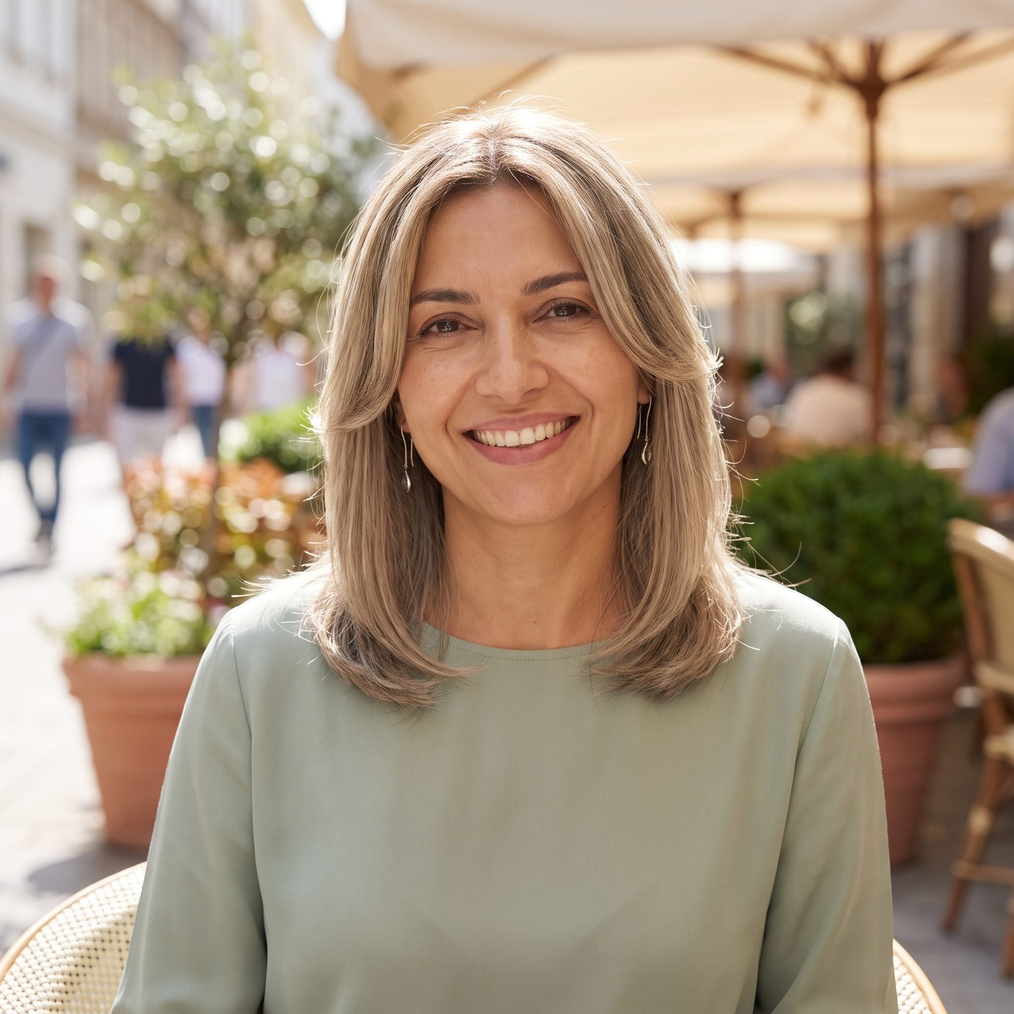 Woman with a round face and ash-blonde hair whose short face-framing layers curve inward at the cheeks, echoing the round